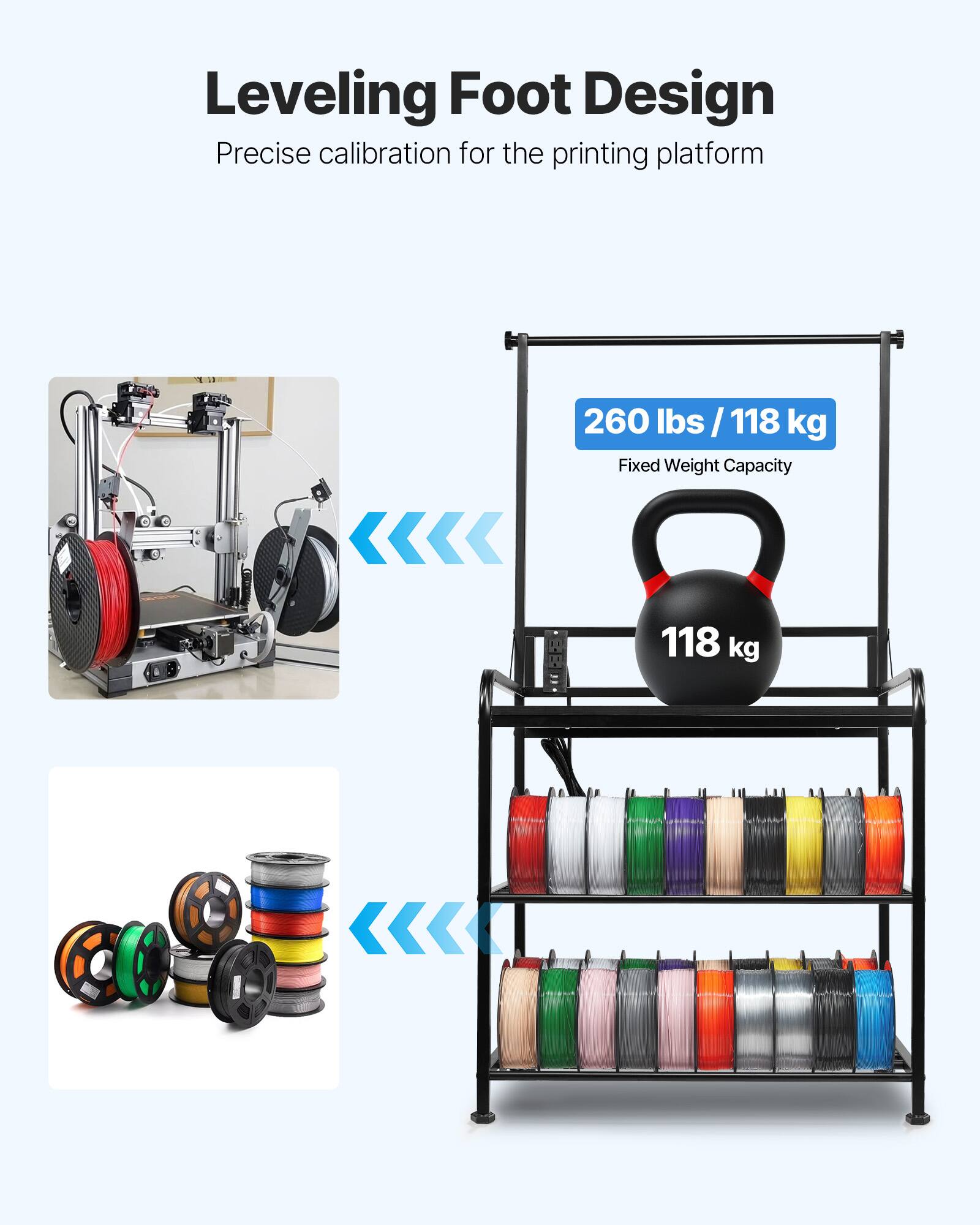 Leveling Foot Design  
Precise calibration for the printing platform  

260 lbs / 118 kg  
Fixed Weight Capacity  

118 kg