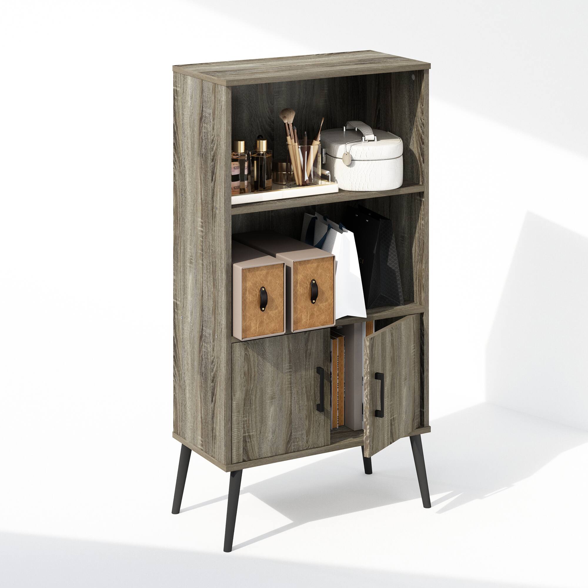 Alt View 3. Furinno - Furinno Mid-Century Open Display Shelves & Storage Cabinet with Wooden Legs, French Oak Grey - French Oak Grey.