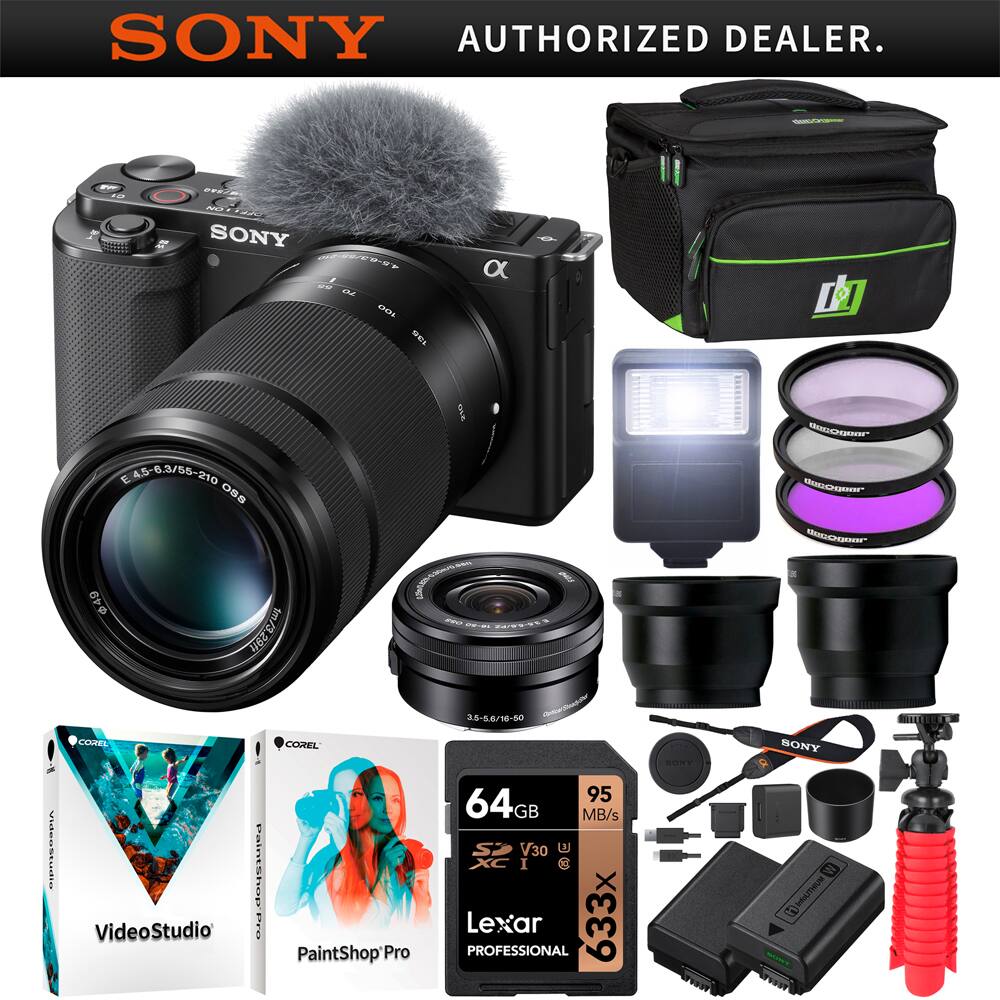 Sony - ZV-E10 Mirrorless Vlog Camera Body + 2 Lens Kit 16-50mm + 55-210mm Black Bundle