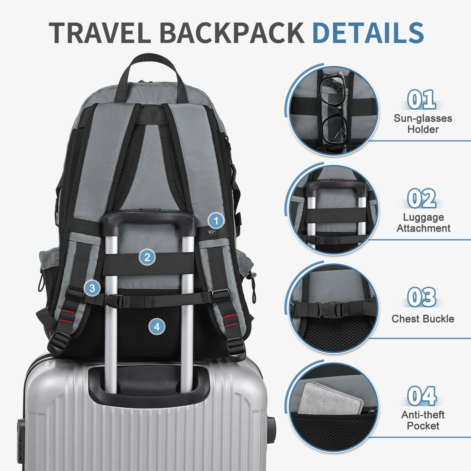 TRAVEL BACKPACK DETAILS

01 Sun-glasses Holder  
02 Luggage Attachment  
03 Chest Buckle  
04 Anti-theft Pocket