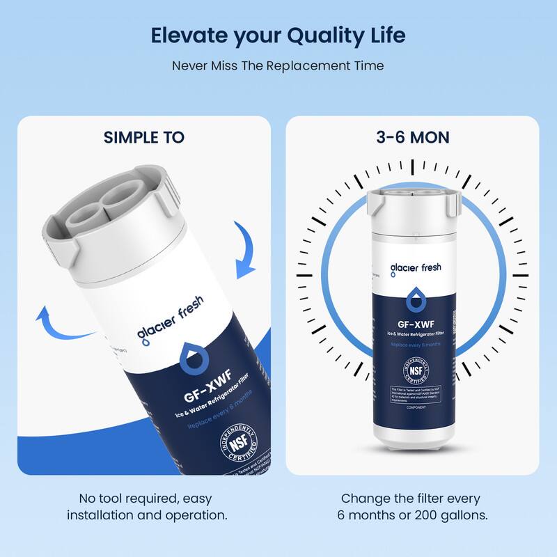 Elevate your Quality Life  
Never Miss The Replacement Time

SIMPLE TO  
3-6 MON

fresh glacier GF-XWF Filter & Water Refrigerator every 6 months Ice Replace STFRENDENTS NSF CERTIFIED  
No tool required, easy installation and operation.

glacier fresh GF-XWF Ice i Woter Refrigerator Fiber Reploce every 5 months CONTANIENTS NSF CERTIFIED COMPONENT  
Change the filter every 6 months or 200 gallons.