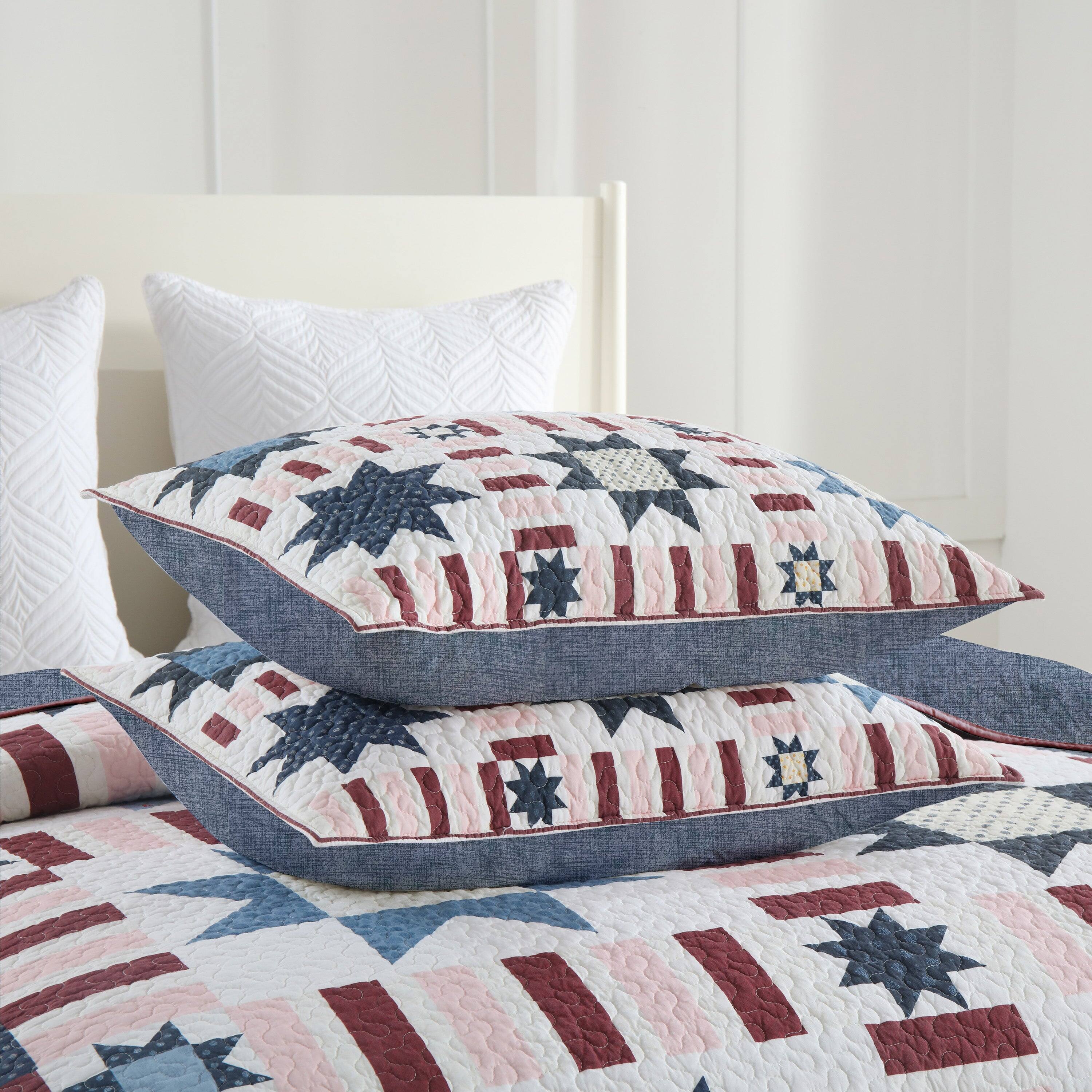 Back. MarCielo - Marcielo 3 Piece Independence Day Reversible Star Quilt Set Bedspread Set - Navy.