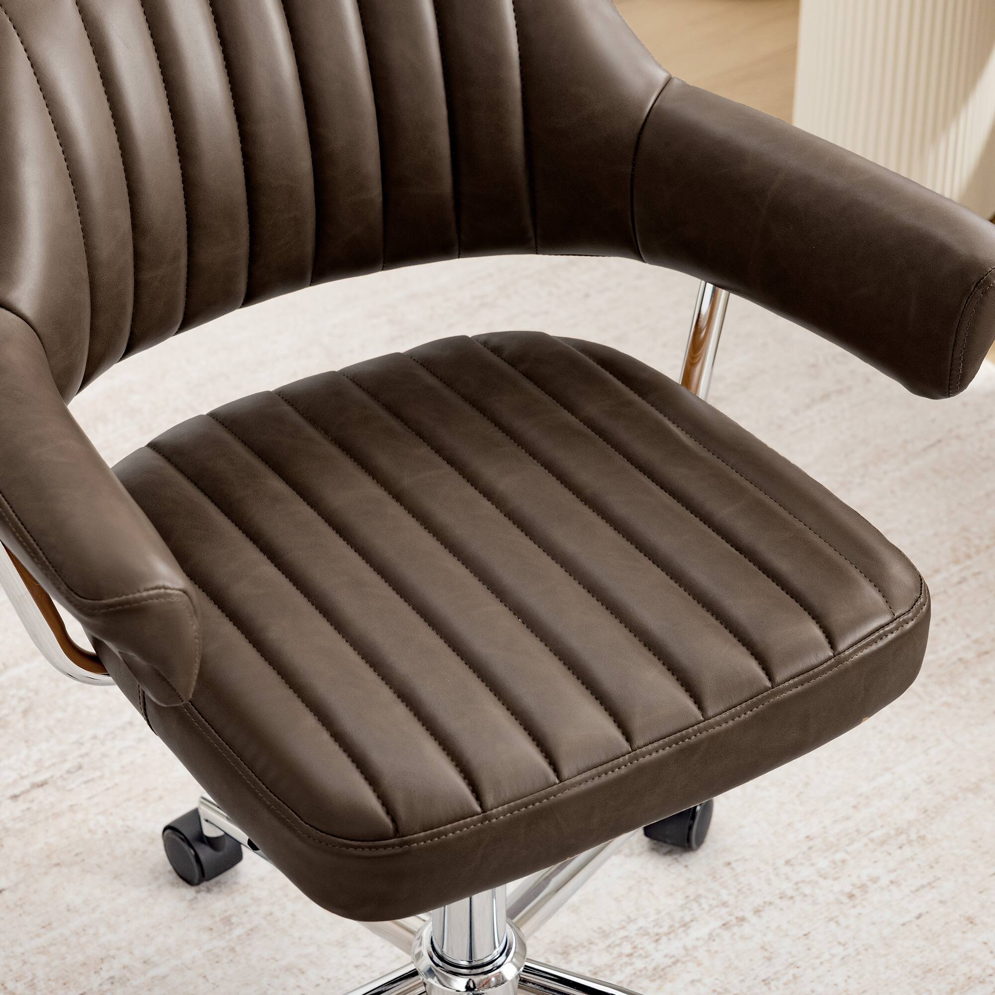 Angle. KERDOM - Swivel Upholstery Vanity Chair with Arms, Adjustable Height Desk Chair for Home Office Study Makeup Dresser, PU Leather - Coffee-2PCS.