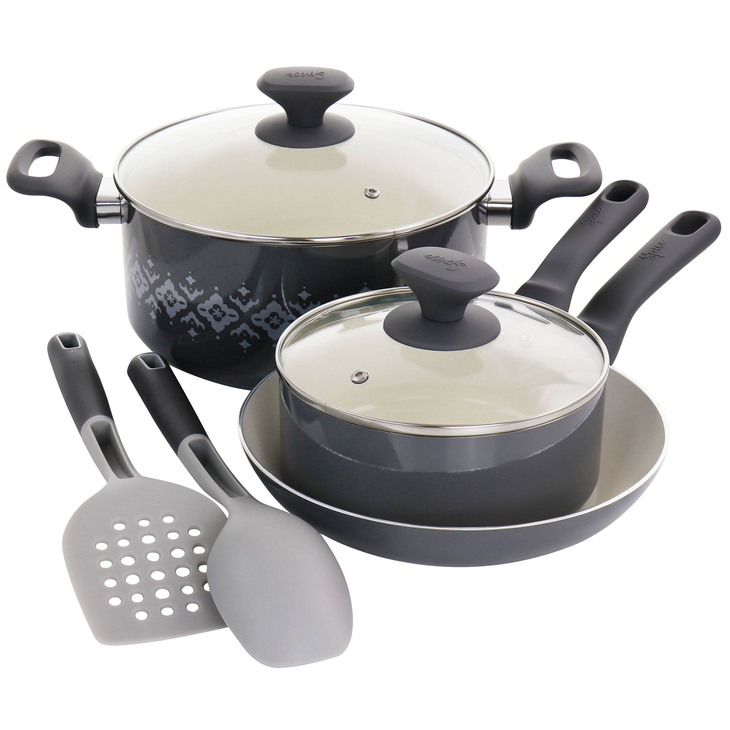 Alt View 1. Spice By Tia Mowry - Spice by Tia Mowry Savory Saffron 7 Piece Ceramic Nonstick Aluminum Cookware Set with Nylon Utensils in Grey - Gray.