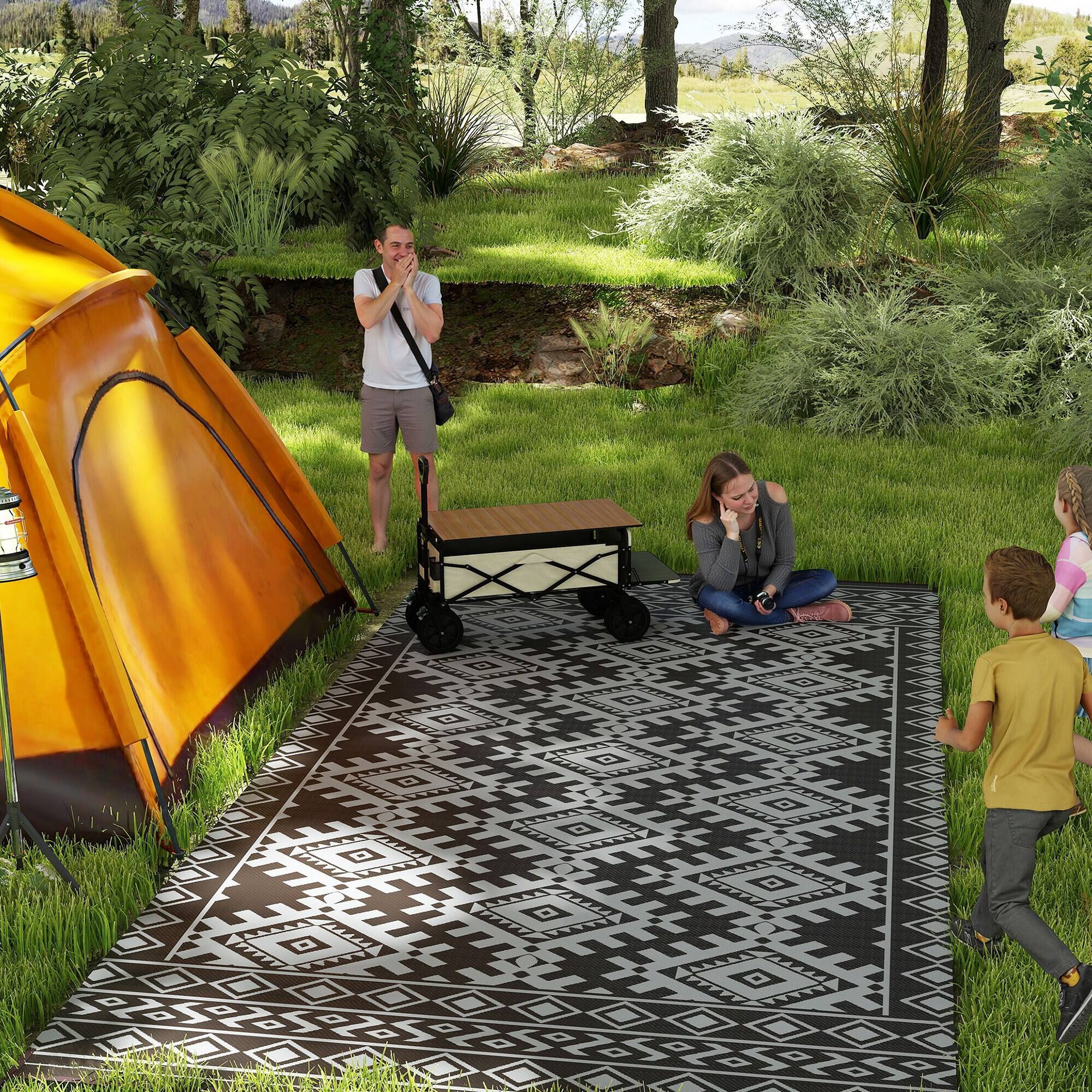 Alt View 1. Outsunny - Outdoor Rug for Patio, 9' x 18' Waterproof Large Mat, Reversible Plastic Straw Rug for Décor - Black and Gray Rhombus Border.