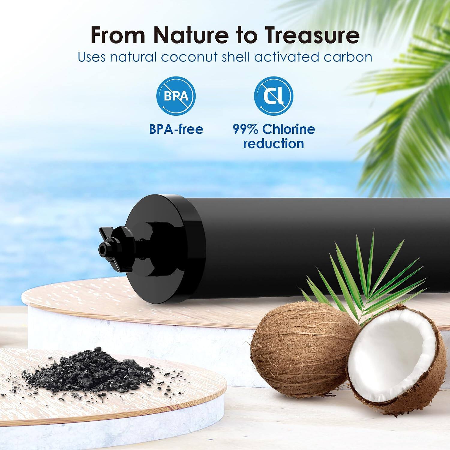 From Nature to Treasure  
Uses natural coconut shell activated carbon  
BRA  
BPA-free  
99% Chlorine reduction