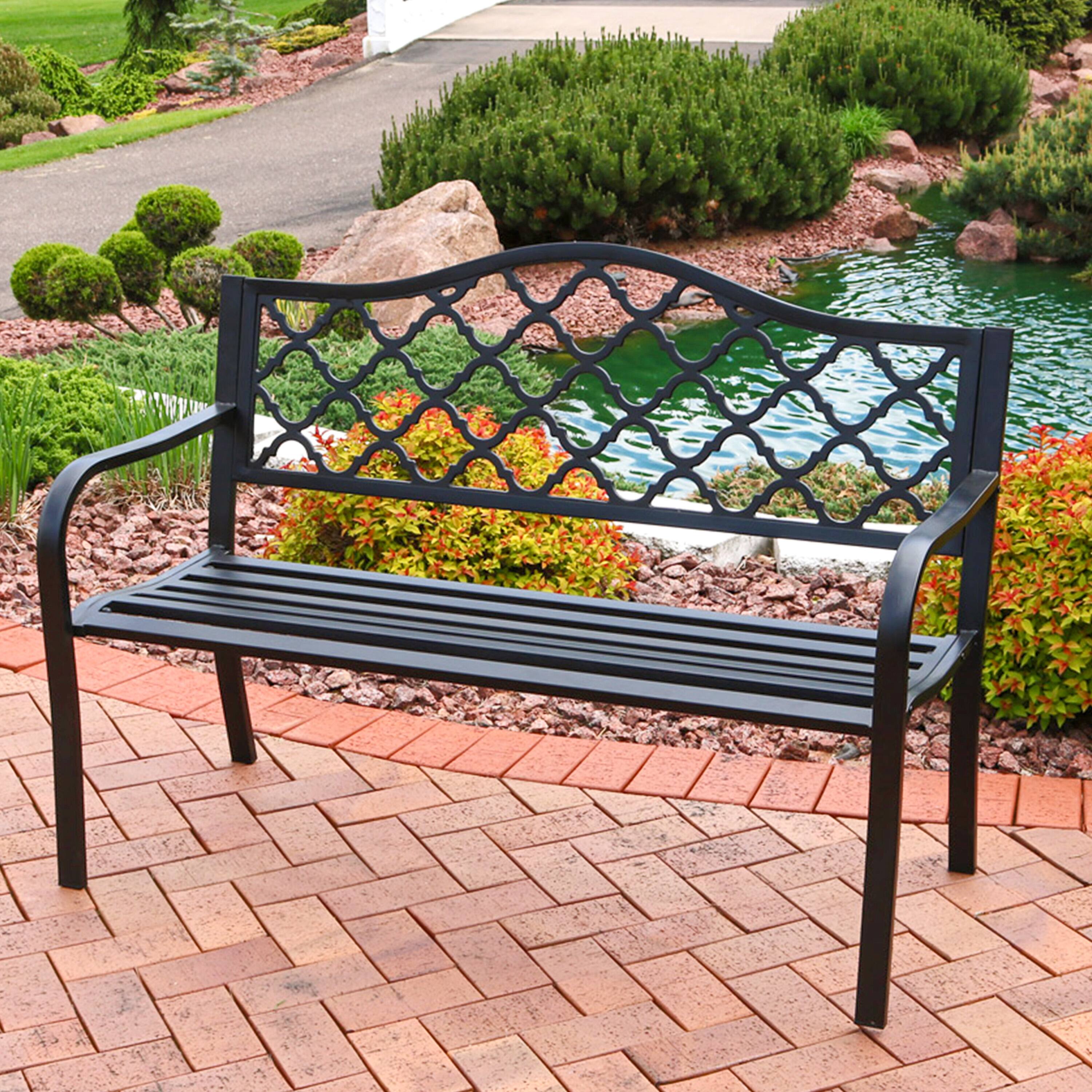 Alt View 4. Sunnydaze - 2-Person Lattice Cast Iron Outdoor Garden Bench - Black.