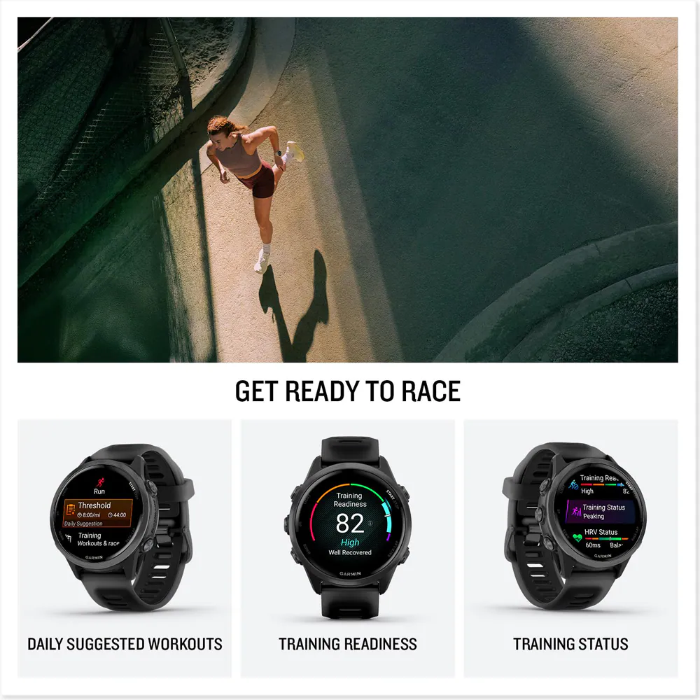 GET READY TO RACE

DAILY SUGGESTED WORKOUTS
- Run Threshold
- 8:00/m
- 4400
- Daily Suggestion
- Training Workouts & race

TRAINING READINESS
- 82
- High
- Well Recovered

TRAINING STATUS
- High
- Peaking
- HRV Status
- 60ms
- Rale SANUT

DAILY SUGGESTED WORKOUTS
TRAINING READINESS
TRAINING STATUS