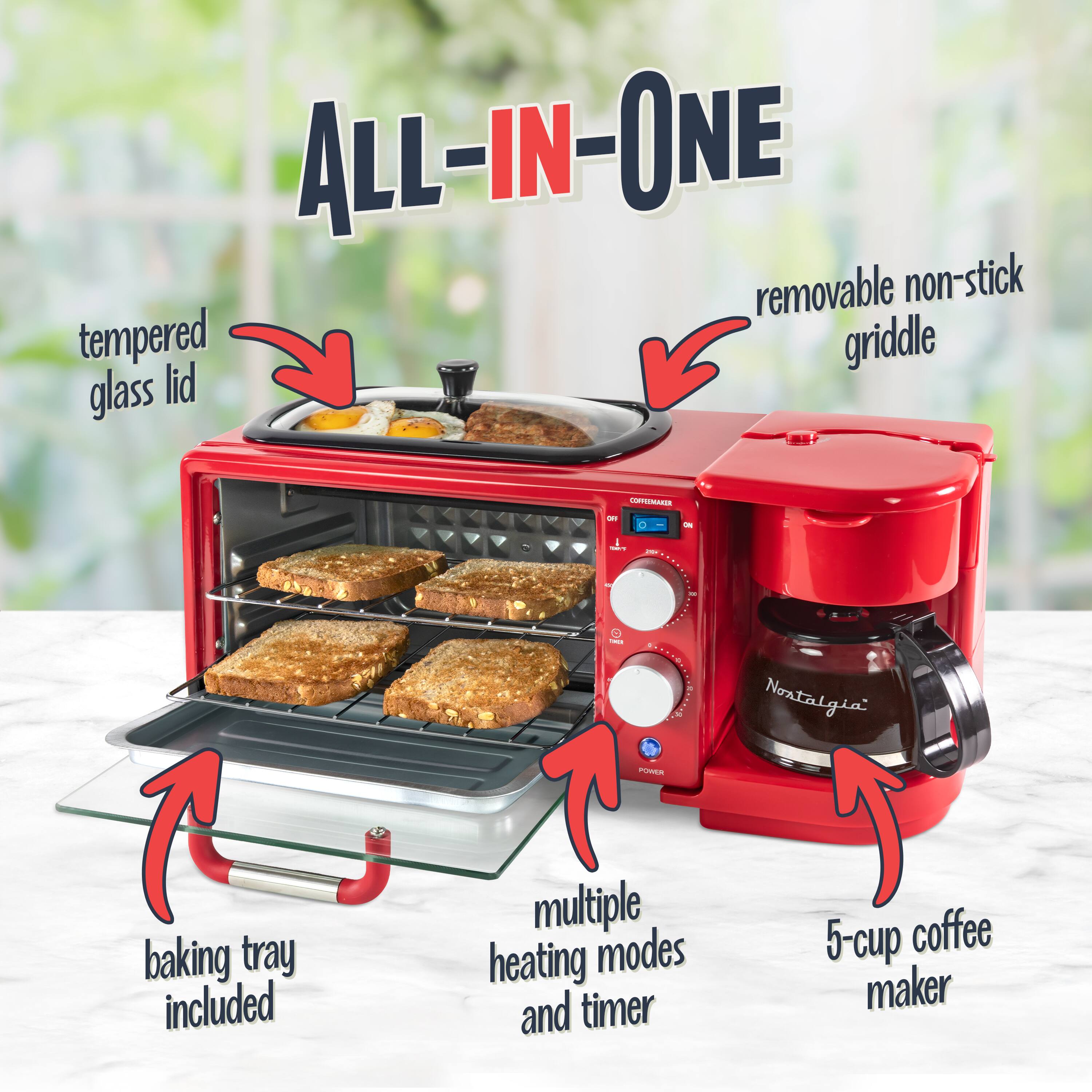 ALL-IN-ONE removable non-stick tempered griddle glass lid. A baking tray included! 1. a PA multiple heating modes and timer Nontalgia 5-cup coffee maker