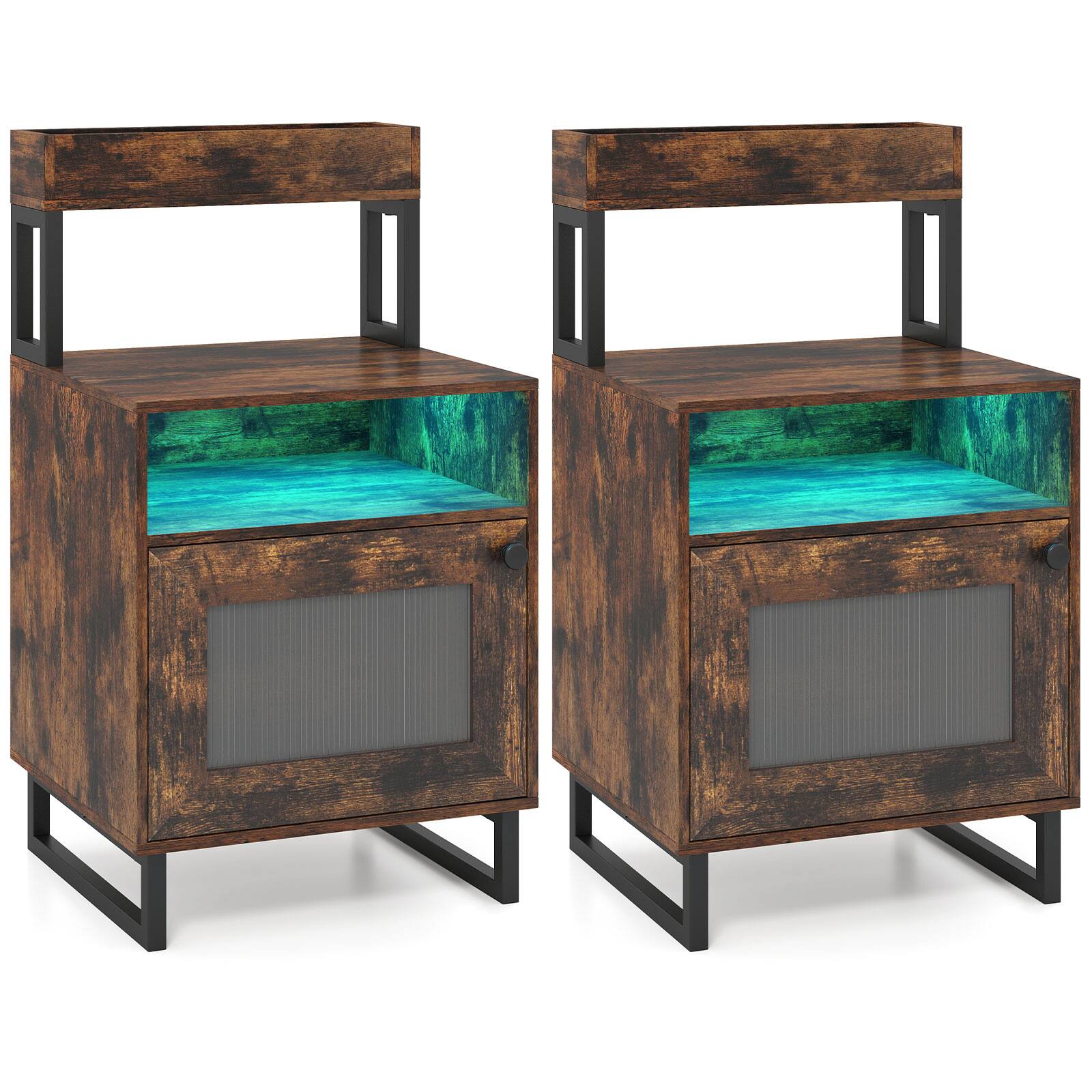 Alt View 9. Costway - Costway 2 Pcs Nightstand with LED Lights, Modern End Table with Top Tray, Open Compartment - Rustic Brown.