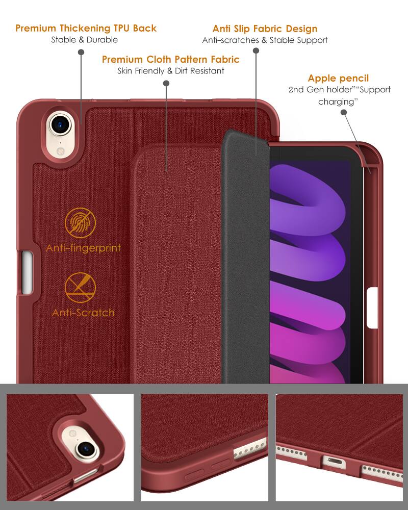 Premium Thickening TPU Back  
Stable & Durable  

Premium Cloth Pattern Fabric  
Skin Friendly & Dirt Resistant  

Anti Slip Fabric Design  
Anti-scratches & Stable Support  

Apple pencil 2nd Gen holder  
"Support charging"  

Anti-fingerprint  
Anti-Scratch