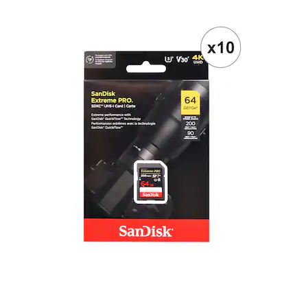 - i - - oulage - - Z - - - 3 x10 V30 4K UHD SanDisk Extreme PRO SDXC UHS-I Card I Carte 64 GB
- Go Extreme performance with SanDisk QuickFlow Technology
- Performances extrêmes avec la technologie SanDisk QuickFlow
- AA 200 - - E 90 - aadaa Stua Extremo PRO 200H B 64 GE SanDisk SanDisk