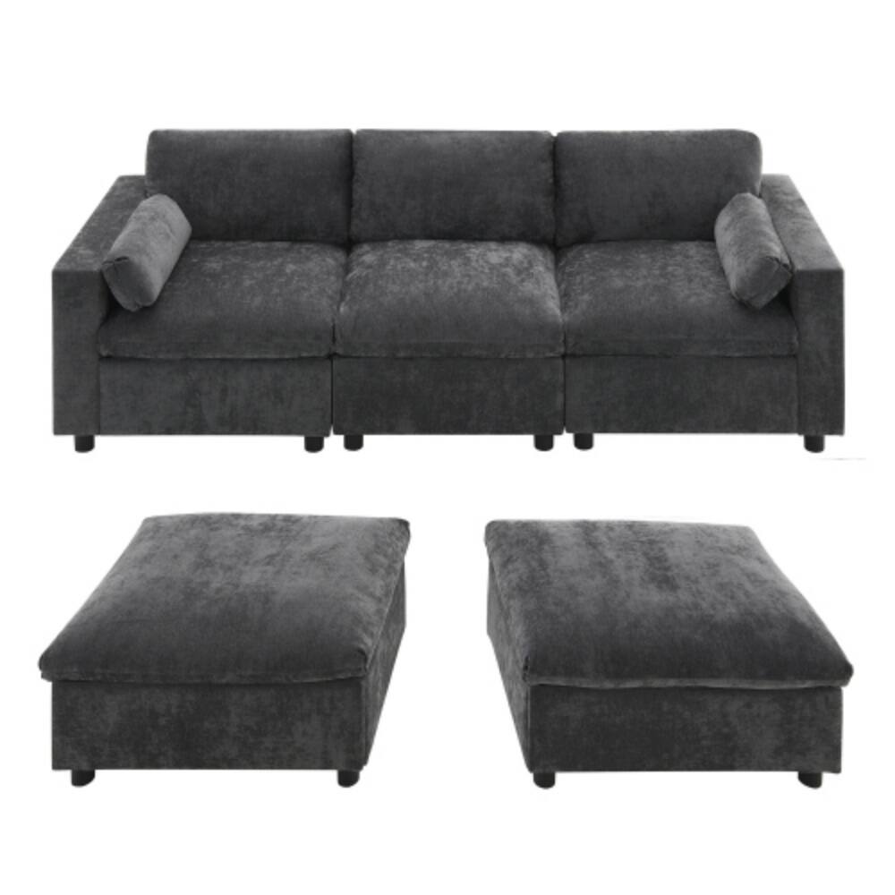 Alt View 2. LUCKY ONE - 84.5" Modular U-Shaped 5-Seat Chenille Sectional Sofa w/ Storage Pockets & Movable Ottoman - Dark Gray.