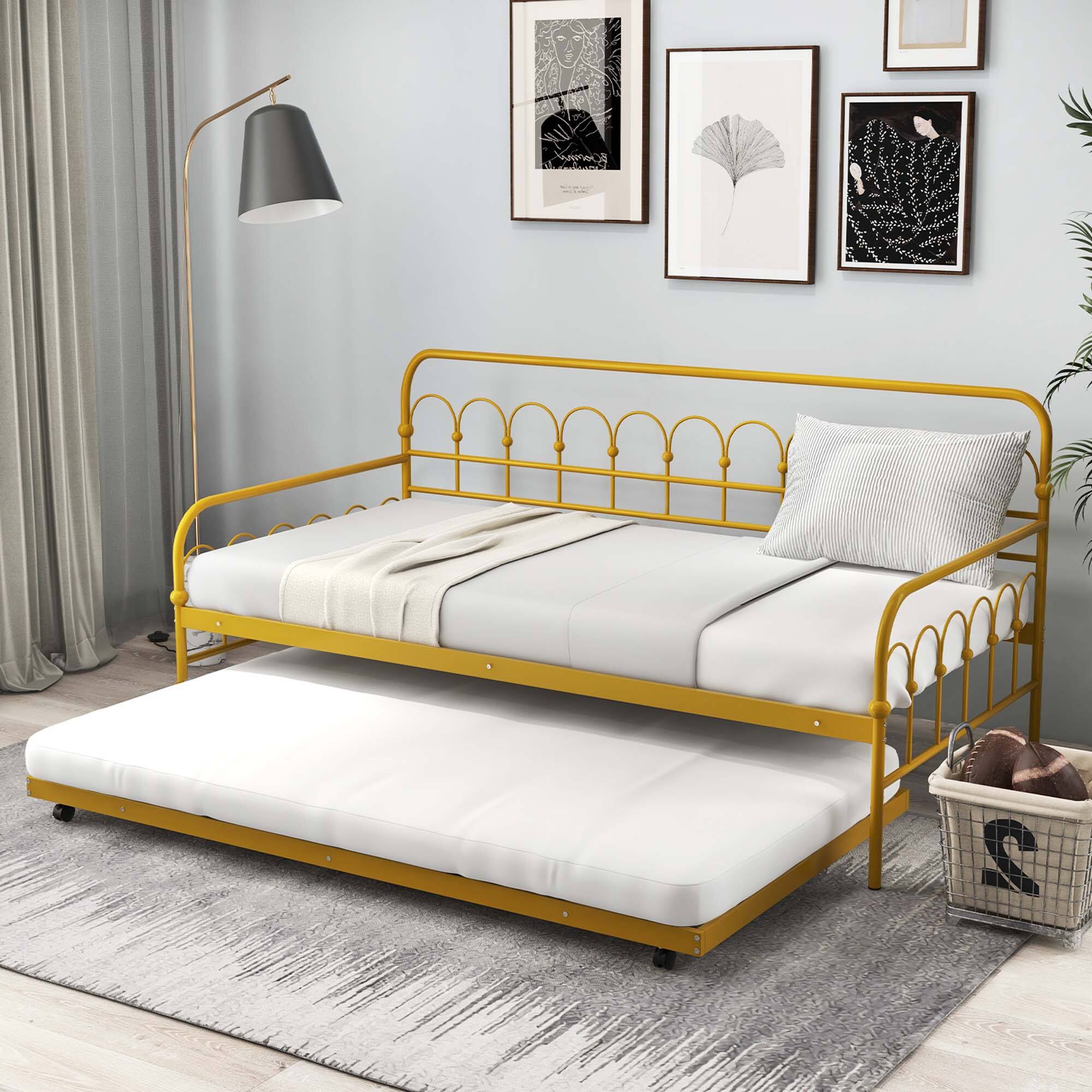 Alt View 2. Costway - Costway Twin Size Metal Daybed with Trundle Space-Saving Sofa Bed Lockable Wheels Gold - Golden.