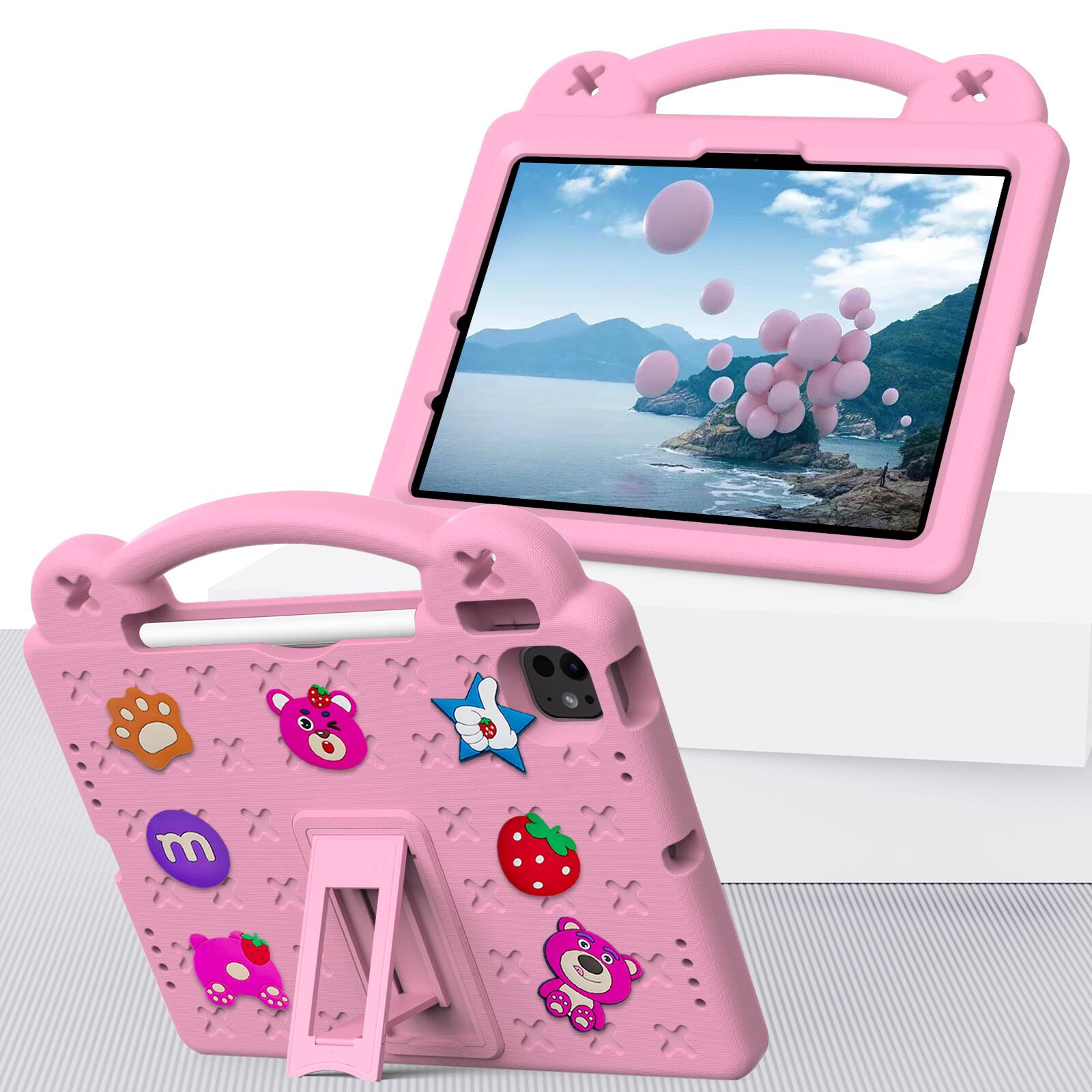 Back. Dteck - For iPad Air 11'' (M4)2026/(M3)/ (M2)& iPad Pro 11'' (M5)2025/(M4)2024 Cartoon Kid Case Kickstand Handle Grip Shockproof - Pink.