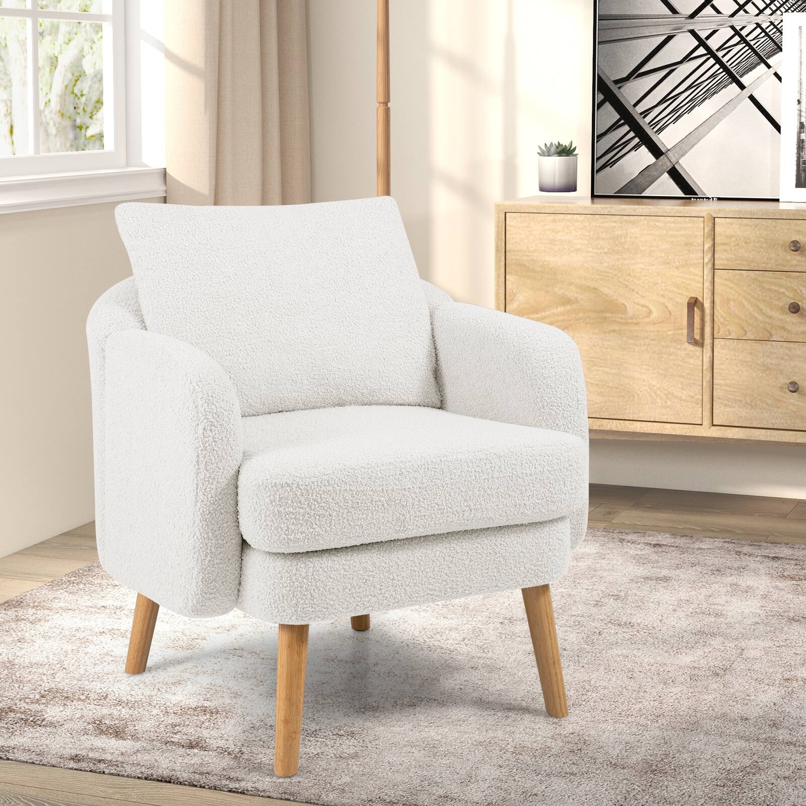 Angle. SlickBlue - Modern Sherpa Upholstered Accent Chair with Cushion for Bedroom or Office - White.