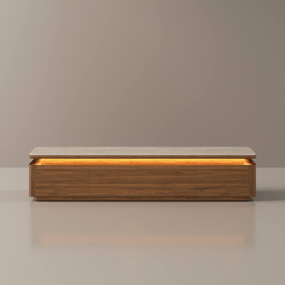 Alt View 8. POVISON - 79" Fully Assembled Walnut Matte Sintered Stone Mid-Century TV Stand with LED Lights and Drawers for 65 to 75 In TVs - Walnut Color MDF.