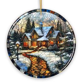 OrnamentallyYou - Rustic Winter Cabin Stained Glass Ceramic Christmas Ornament Vintage Decor Version 2 - Multi-colored