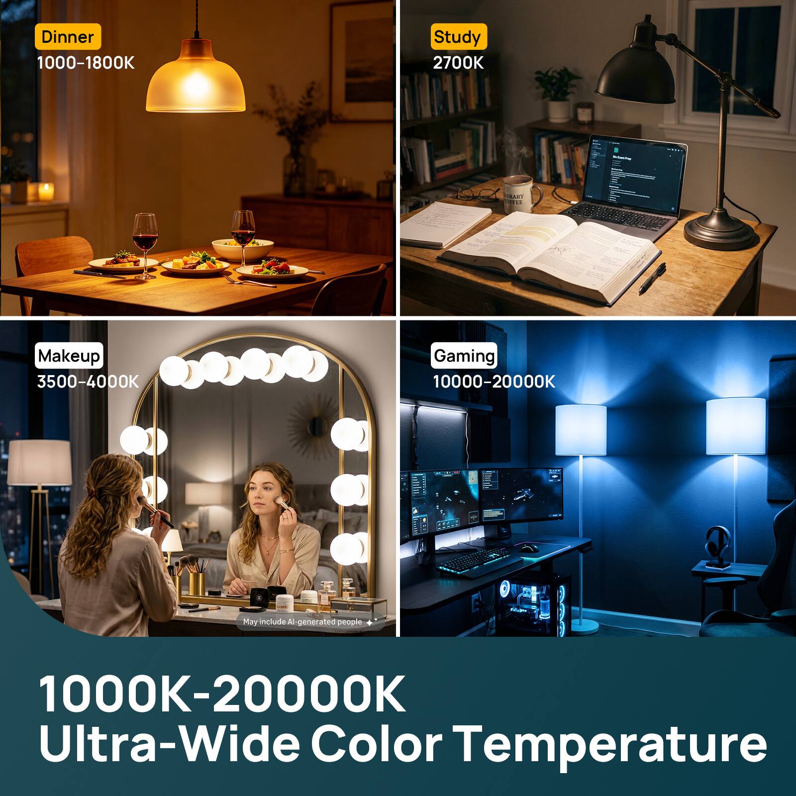 Dinner 1000-1800K  
Study 2700K  
Makeup 3500-4000K  
Gaming 10000-20000K  
May include AI-generated people  
1000K-20000K Ultra-Wide Color Temperature