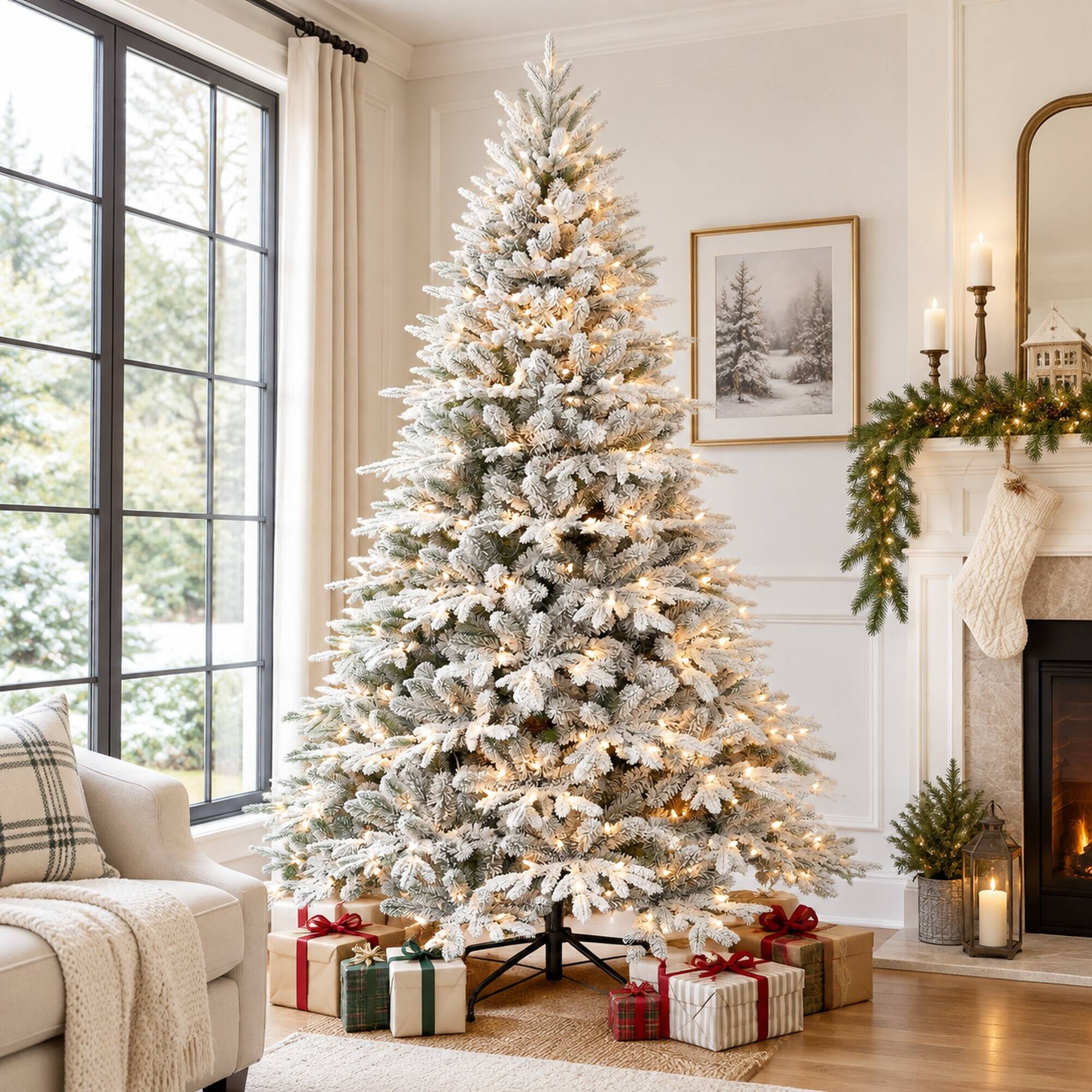 Back. RYHNUYNE - 7.5 Ft Flocked Artificial Christmas Tree With 650 Warm Lights, 3135 Tips Snowy Hinged Foldable Metal Stand Decor - Green,White.