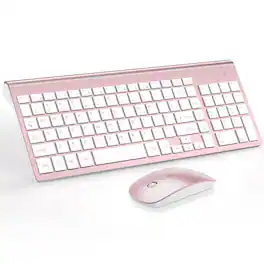 Luckbyte - Wireless Keyboard and Mouse Combo, Ultra Slim Full Size Set with Silent Keys, USB Receiver, Rose Gold - White