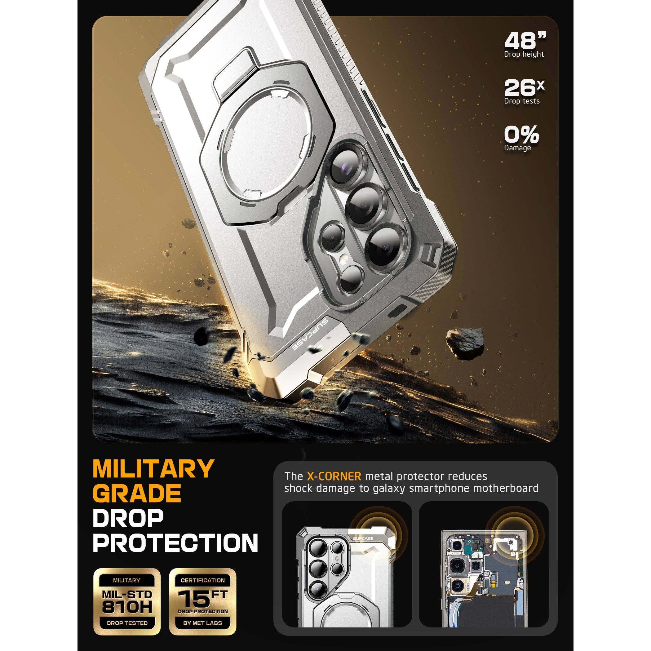 48" Drop height  
26x Drop tests  
0% Damage  

MILITARY GRADE DROP PROTECTION  

The X-CORNER metal protector reduces shock damage to galaxy smartphone motherboard  

MILITARY  
MIL-STD 810H  
DROP TESTED  

CERTIFICATION  
15' DROP PROTECTION  
BY MET LABS