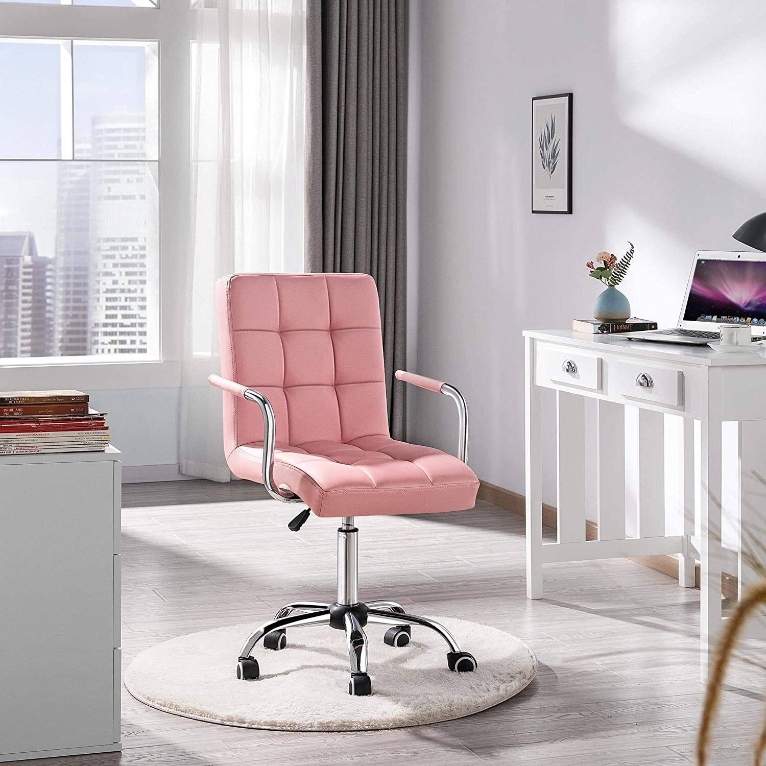 Left. Hivvago - Pink Modern Faux Leather Mid-Back Swivel Office Chair with Armrests and Wheels - pink.