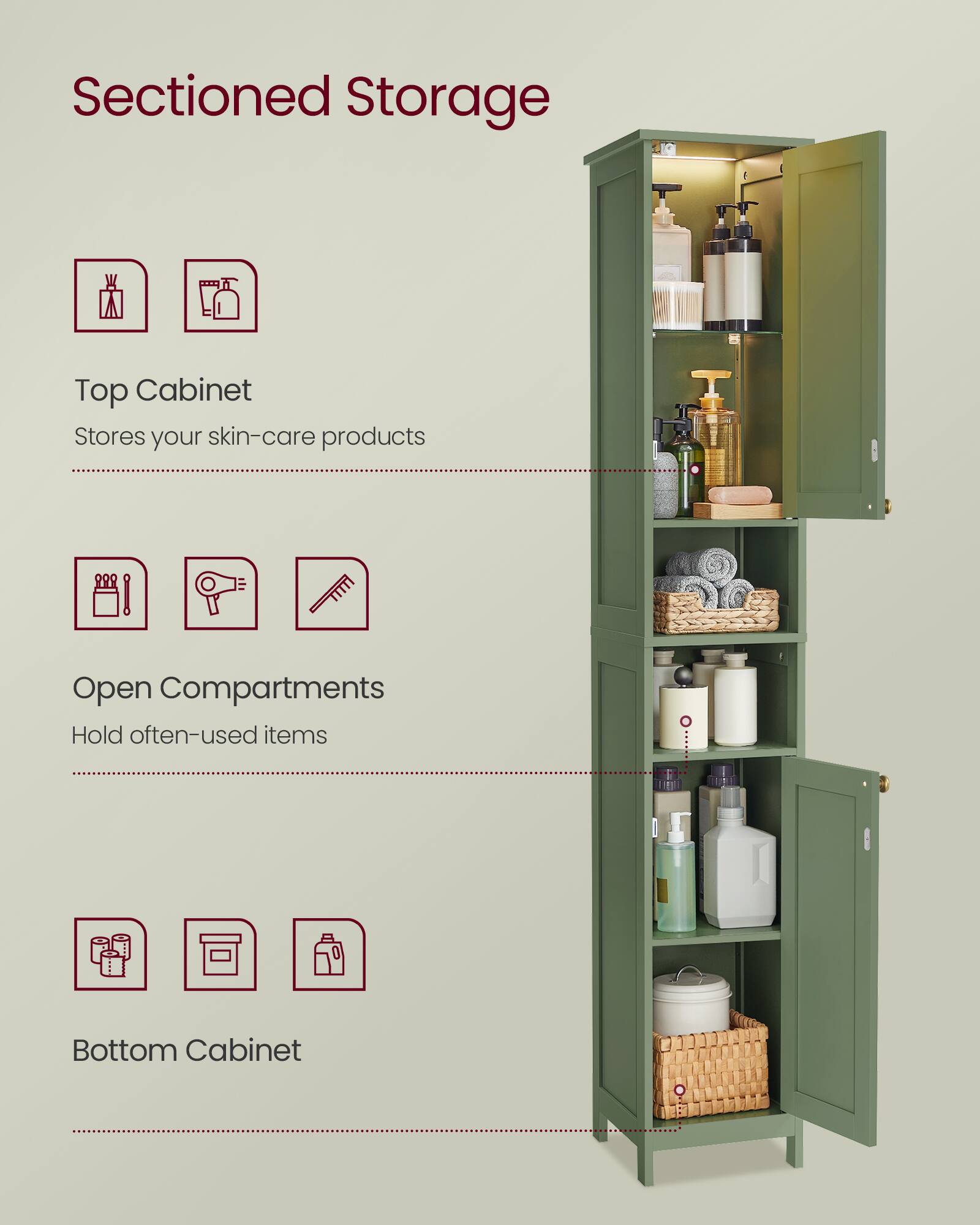Sectioned Storage  
Top Cabinet  
Stores your skin-care products  

Open Compartments  
Hold often-used items  

Bottom Cabinet