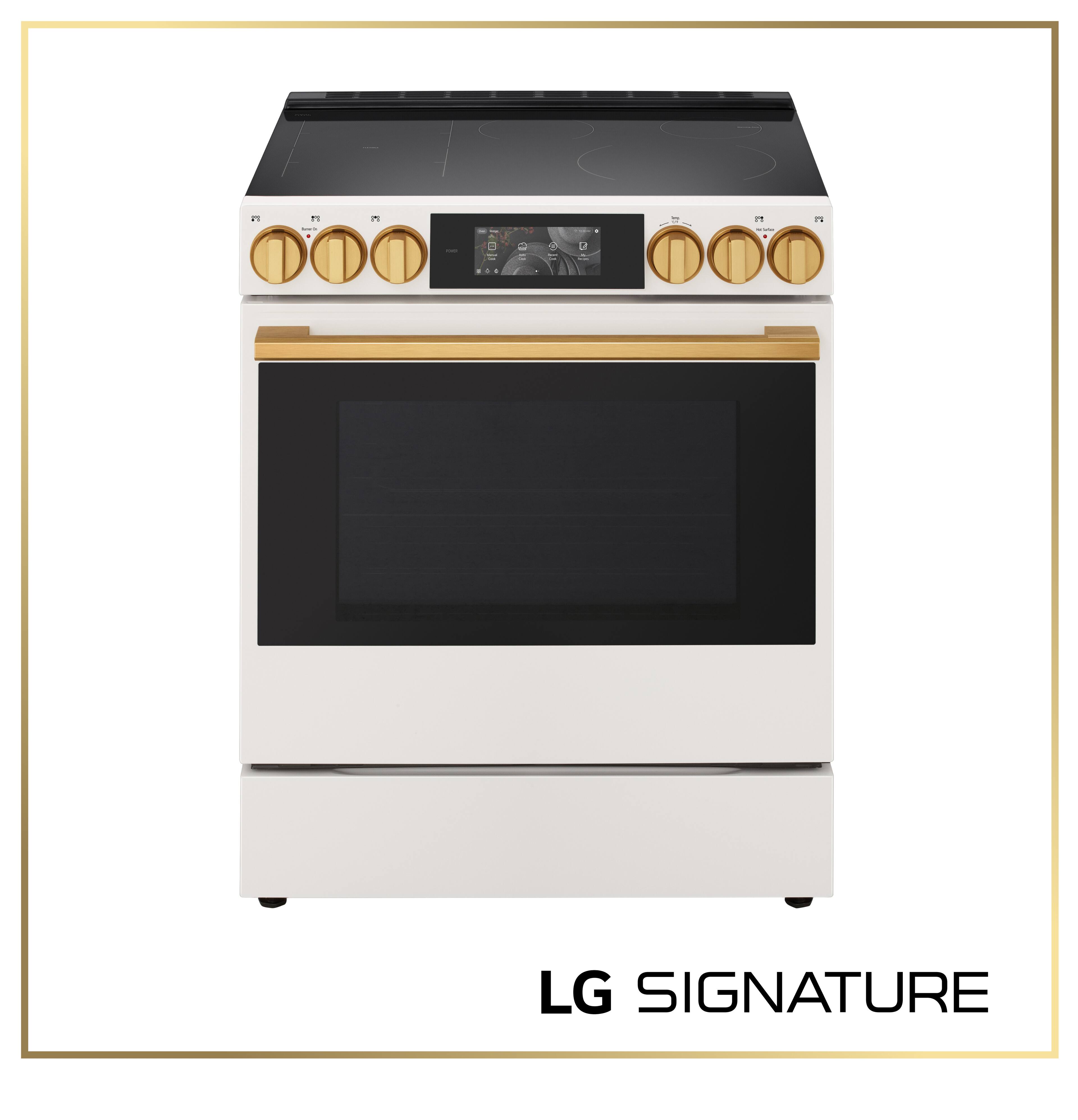 Angle. LG - SIGNATURE 30-in Wide 6.3 Cu. Ft. Slide-In Electric Induction Convection Smart Range w EasyClean, 6.8-in Color LCD Screen - Essence White.