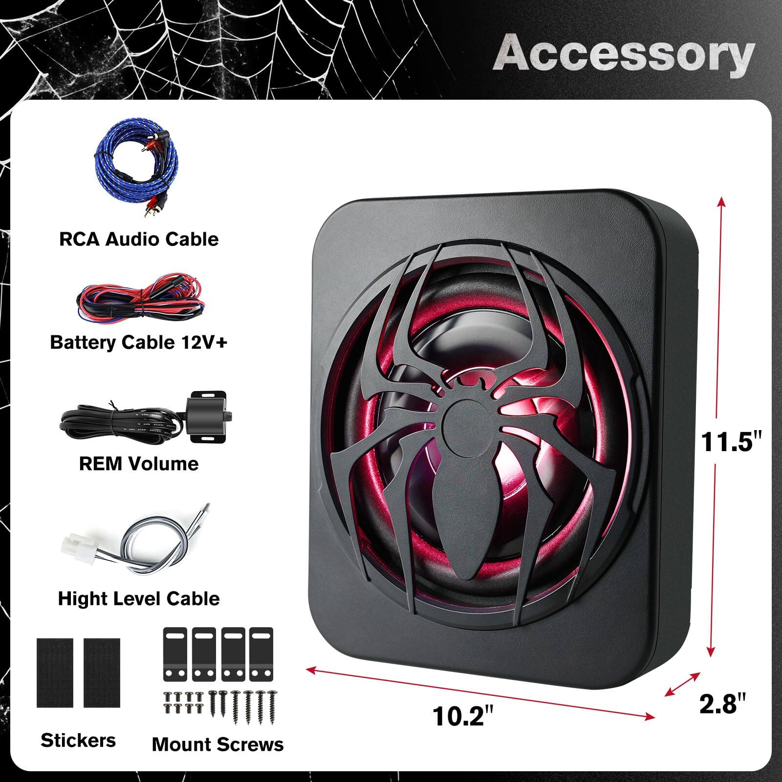 Accessory  
- RCA Audio Cable  
- Battery Cable 12V+  
- REM Volume  
- Hight Level Cable  
- Stickers  
- Mount Screws  

Dimensions:  
- 11.5"  
- 10.2"  
- 2.8"
