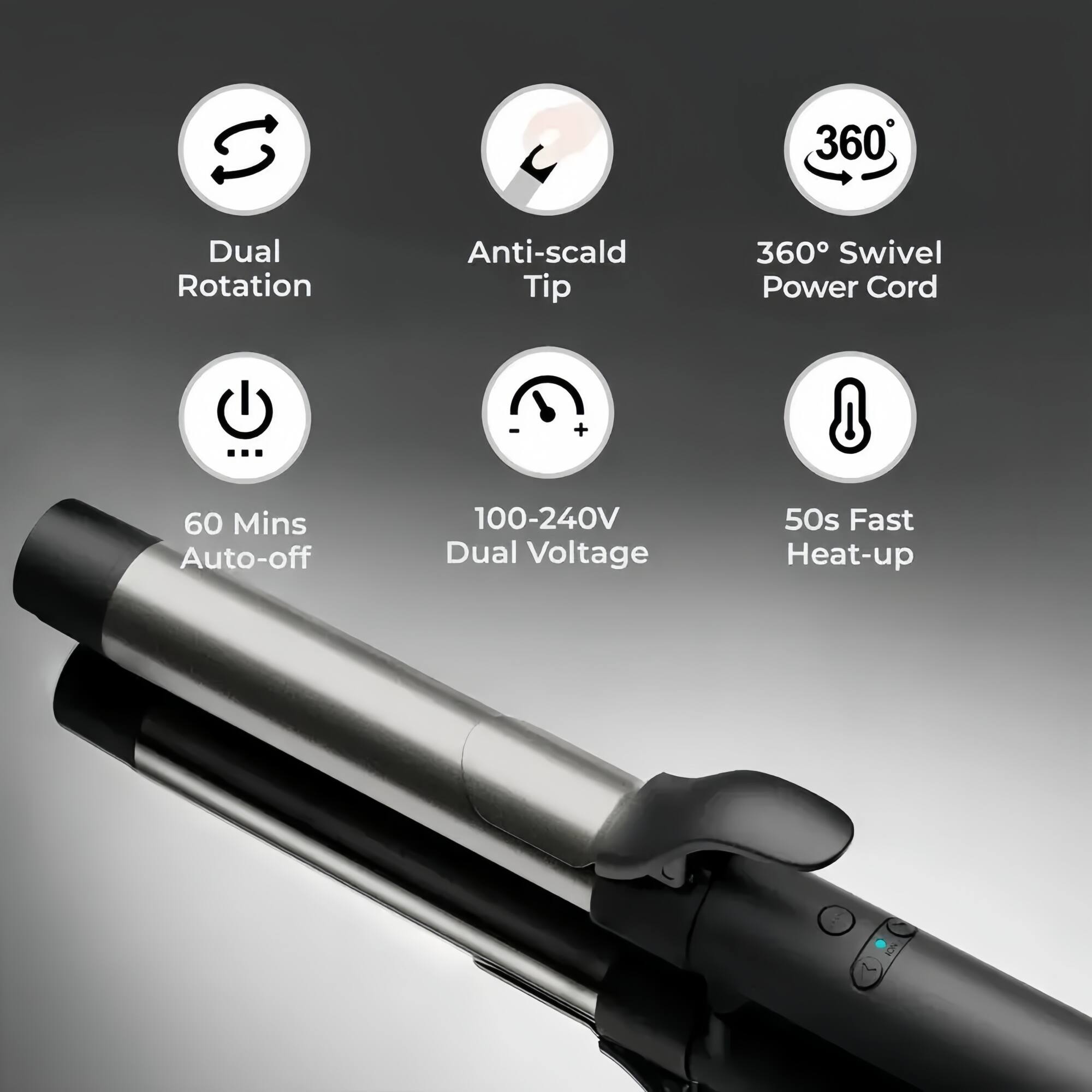 - 360° Dual Rotation Anti-scald Tip
- 360° Swivel Power Cord
- 60 Mins Auto-off
- 100-240V Dual Voltage
- 50s Fast Heat-up