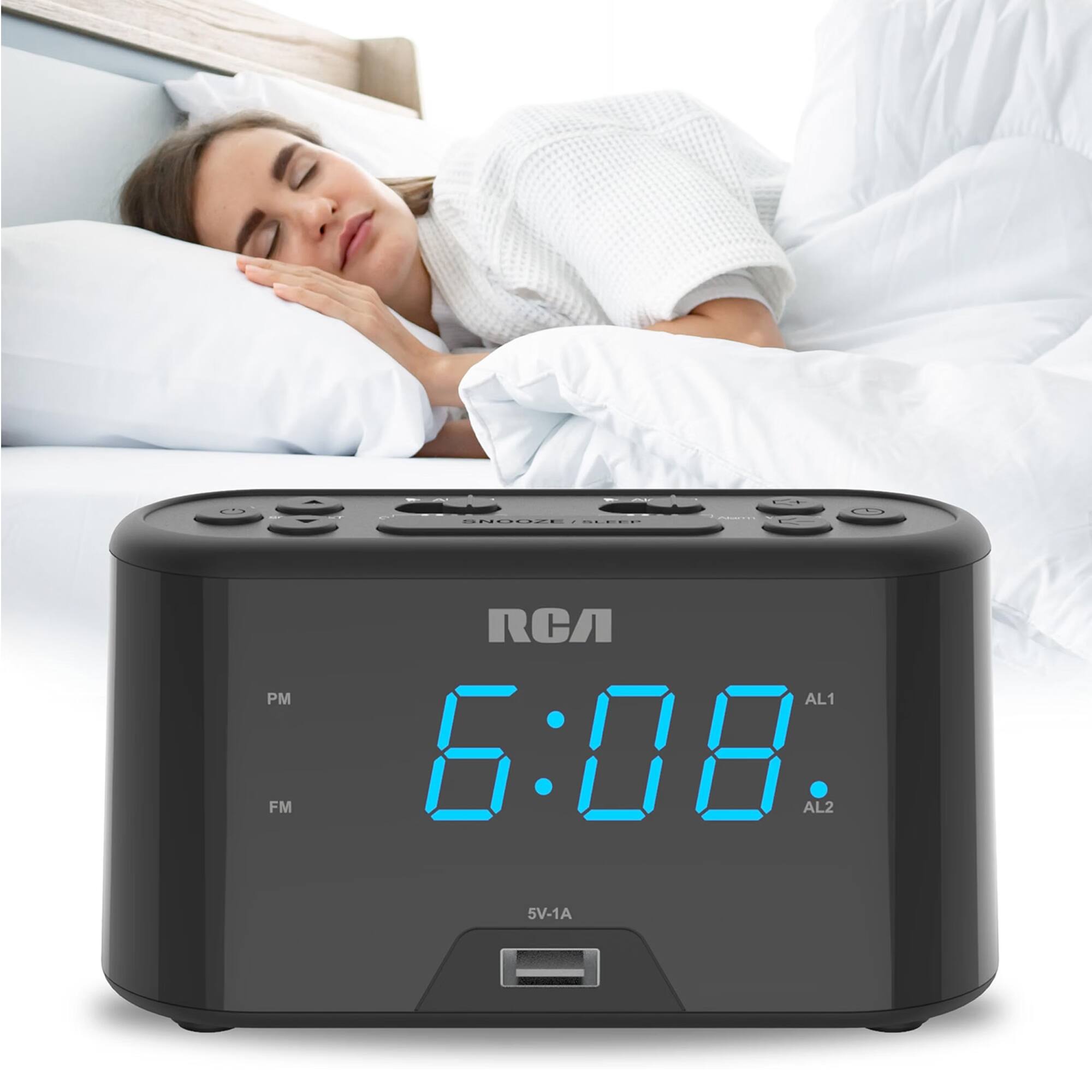 SEP  
SNOOZE SLEEP  
PM FM  
RCA AL1 6:08 AL2  
5V-1A