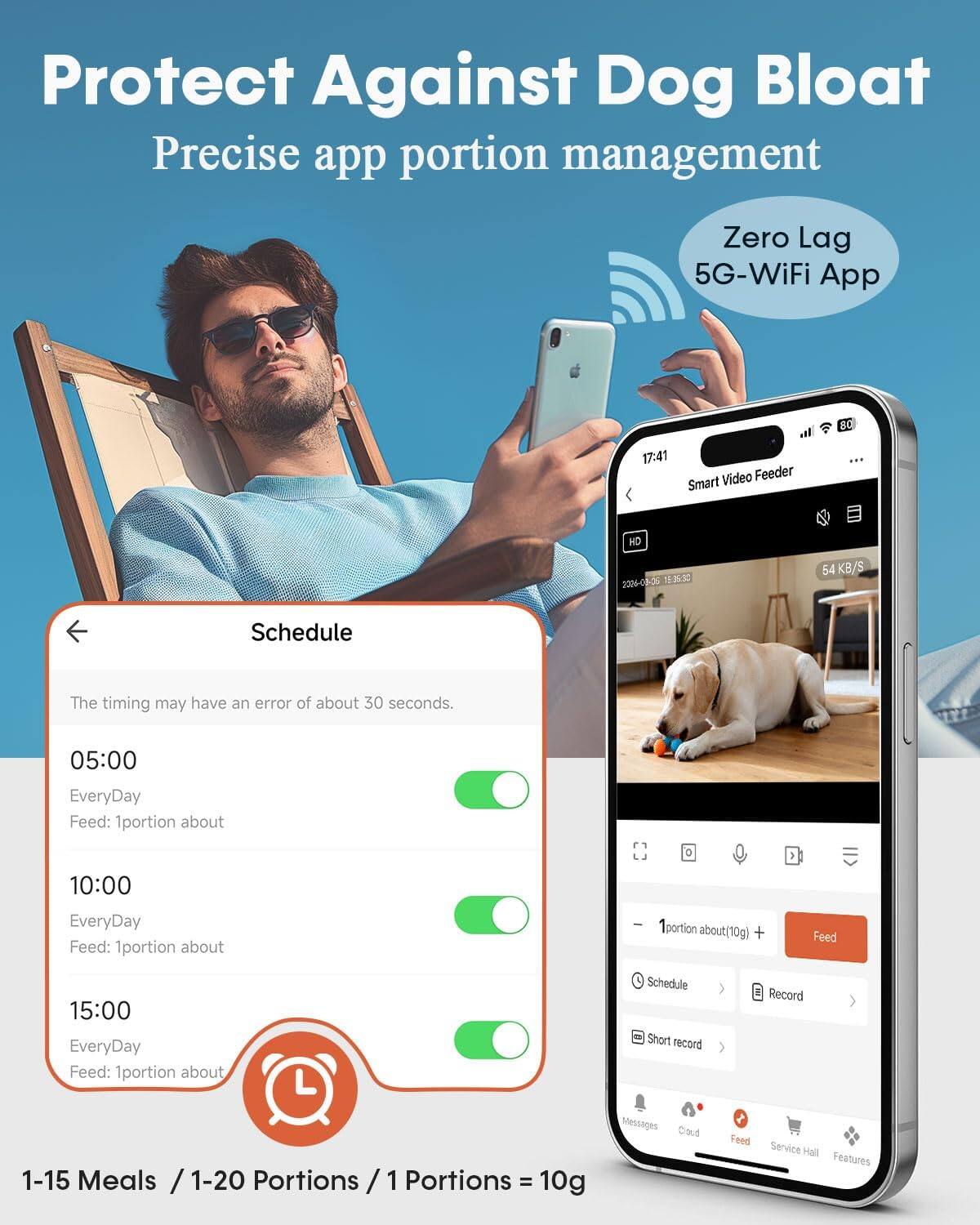 Protect Against Dog Bloat  
Precise app portion management  
Zero Lag 5G-WiFi App  

Schedule  
The timing may have an error of about 30 seconds.  
05:00 EveryDay Feed: 1 portion about  
10:00 EveryDay Feed: 1 portion about  
15:00 EveryDay Feed: 1 portion about  

1-15 Meals / 1-20 Portions / 1 Portions = 10g  

Messages  
Daud Feed Service Hall Features
