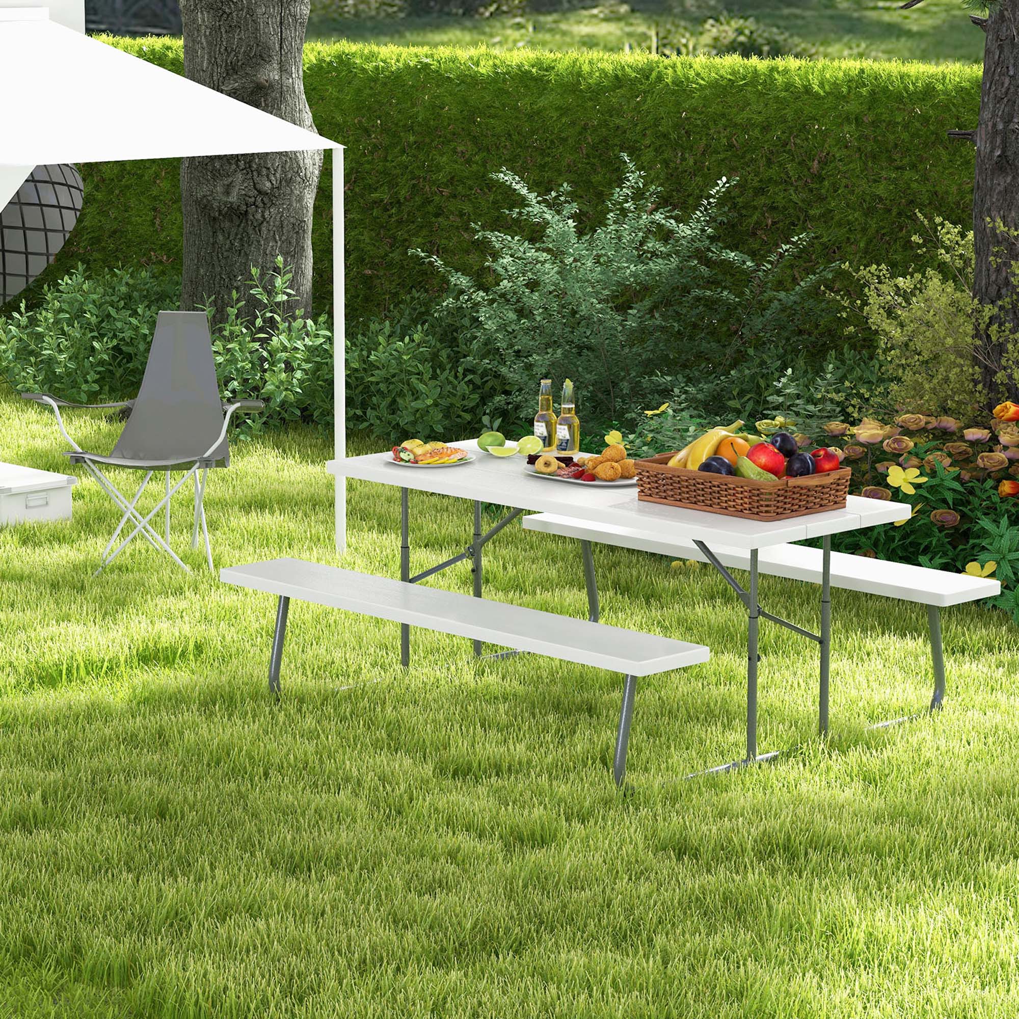 Alt View 3. Costway - Costway Folding Picnic Table with 2 Benches All Weather Wood-like Tabletop Umbrella Hole - White.