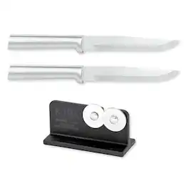 Rada - Cutlery 5.375-Inch Stubby Butcher Knife Set of 2, Handles & Quick Edge Knife Sharpener - Silver