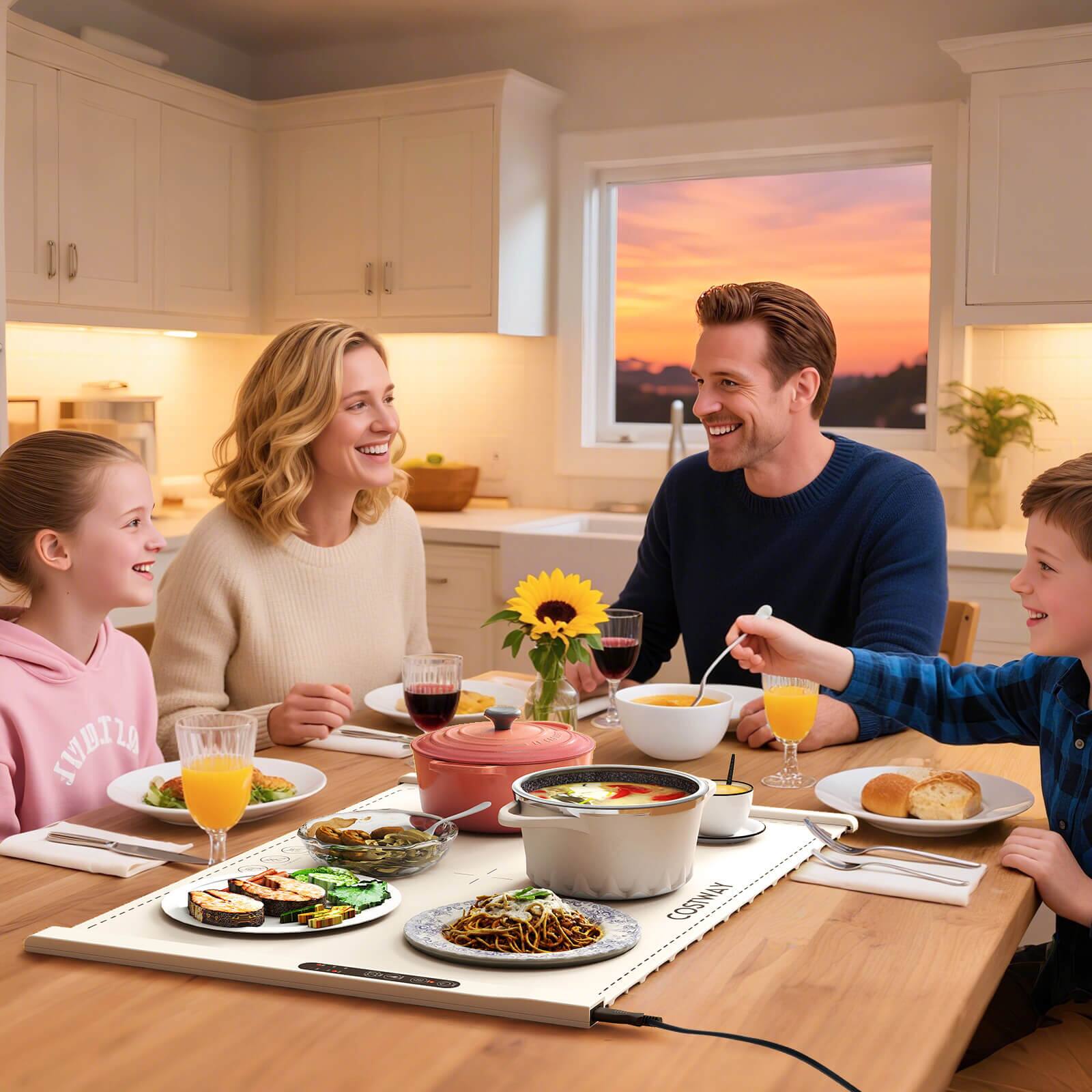 The text in the image reads:

- "COSTWAY" (on the placemat)
- "LOVE" (on the girl's hoodie)