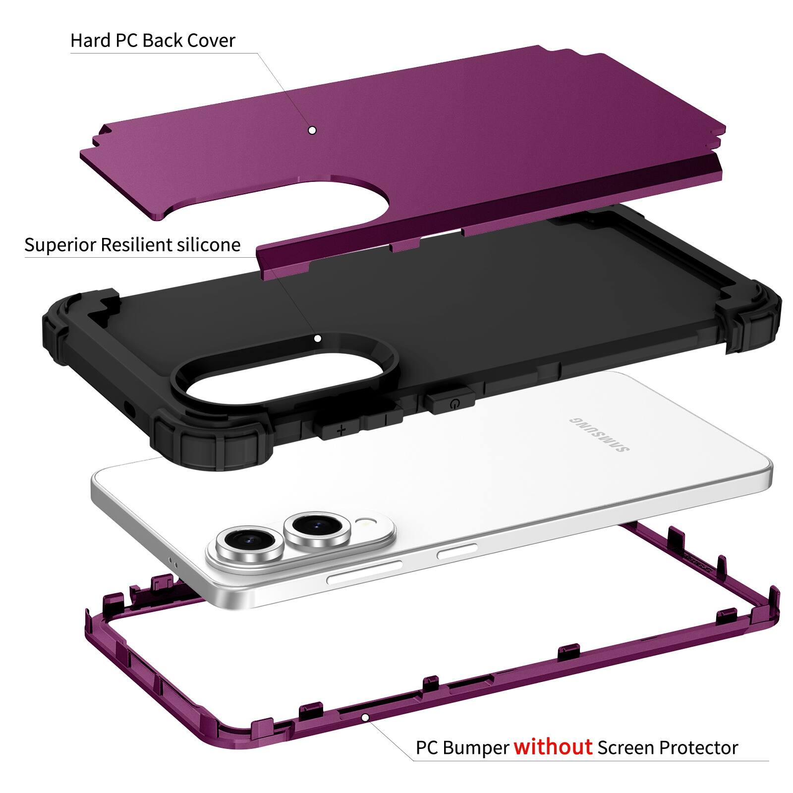 Hard PC Back Cover  
Superior Resilient Silicone  
PC Bumper without Screen Protector