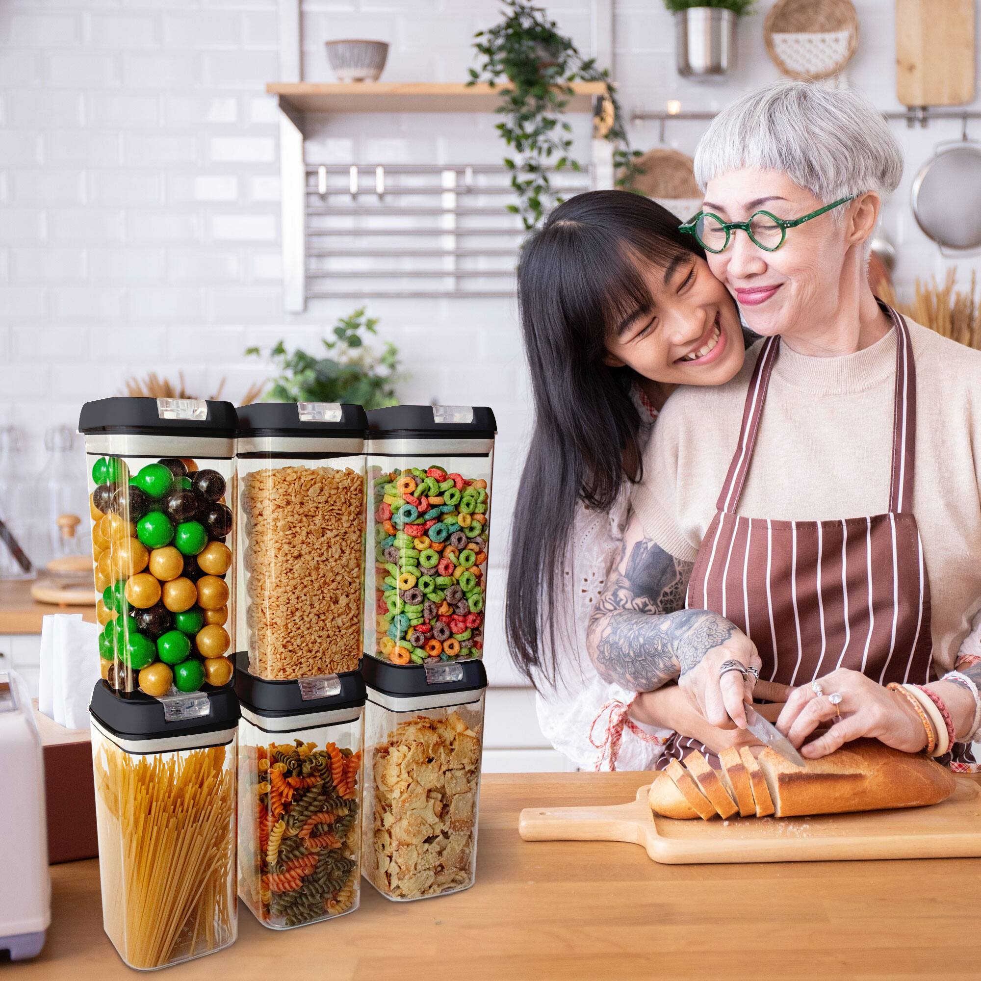 Angle. Cheer Collection - 1.2-Liter Airtight Pantry Food Storage Containers with Secure Flip-Top Lids, 6-Pack, Black - Black.