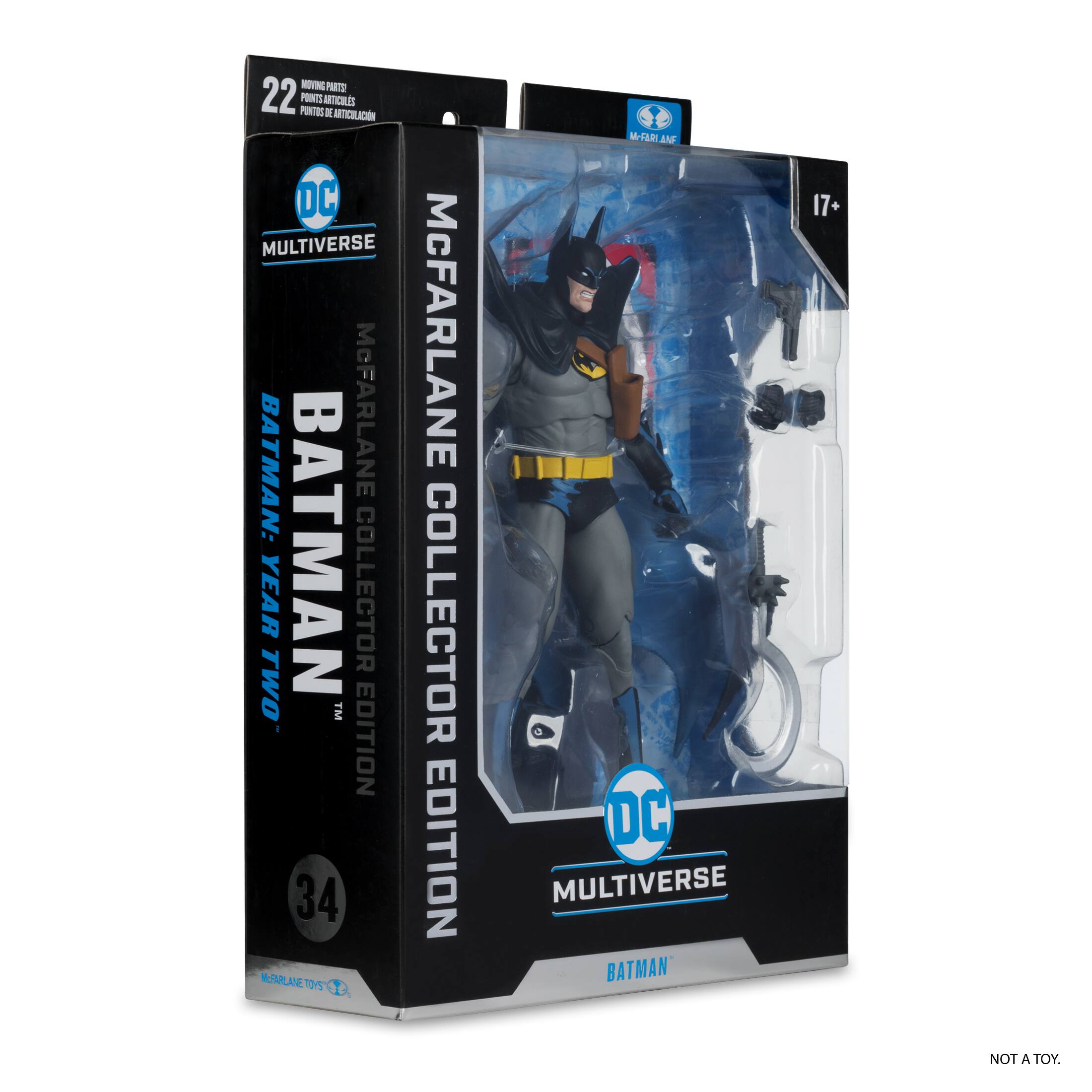 The text on the image reads: "Moving Net 22 POINTS PRINT ATCais E ATICILACN DC MULTIVERSE BATMAN: McFARLANE YEAR TWO BATMAN COLLECTOR TM EDITION 34 AE 24 f McFARLANE COLLECTOR EDITION MJ AND DC MULTIVERSE BATMAN 17+ NOT A TOY."