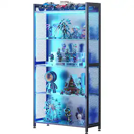 AODK - RGB LED Lighted Glass Display Cabinet, 4-Tier Curio Shelf for Collectibles - Black