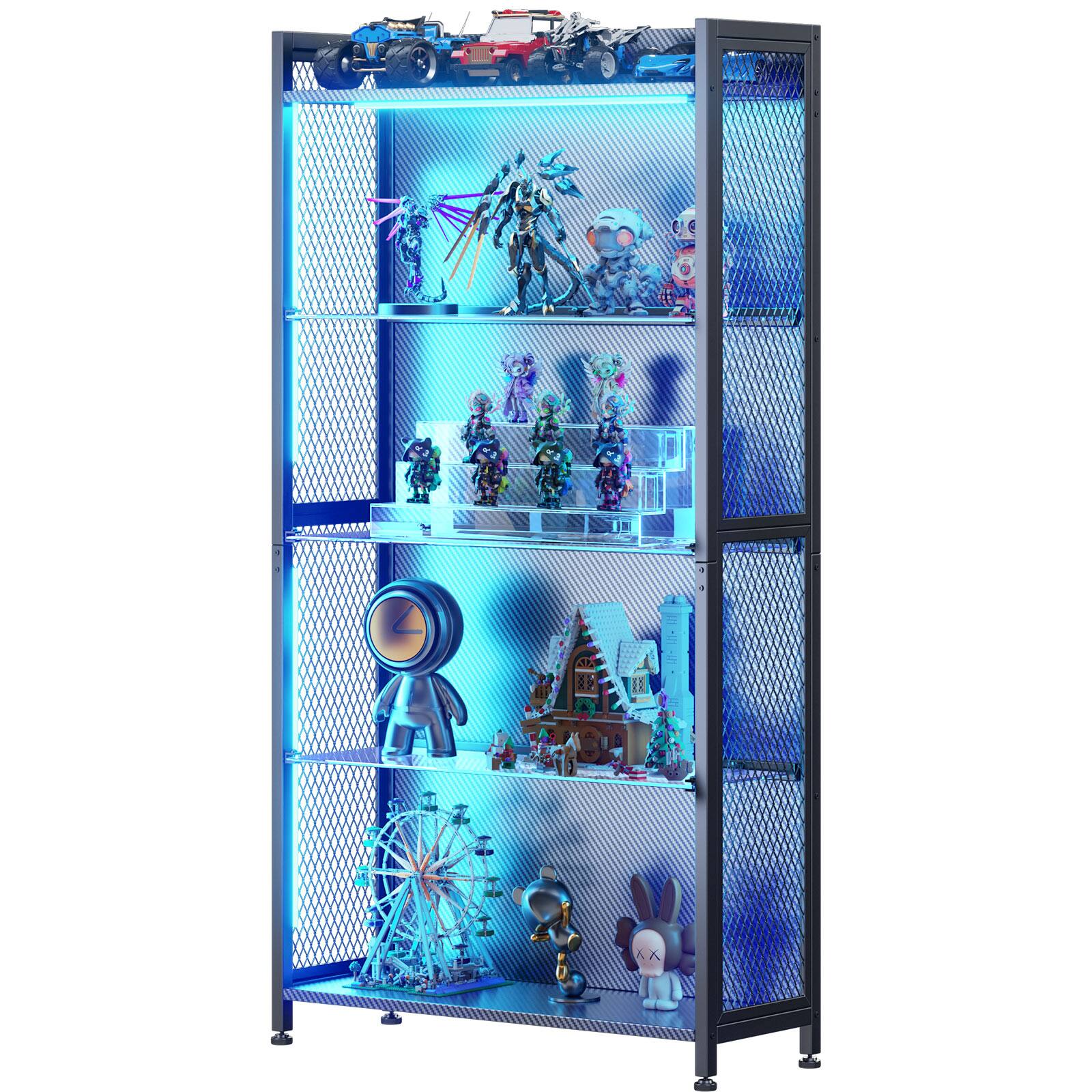 AODK - RGB LED Lighted Glass Display Cabinet, 4-Tier Curio Shelf for Collectibles - Black