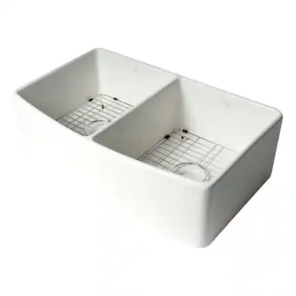 Front. Alfi - ALFI brand ALFI Brand White Smooth Curved Apron 33 x 20 Double Bowl Fireclay Farm Sink - White.
