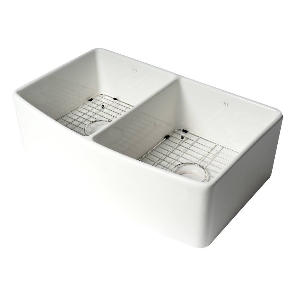 Front. Alfi - ALFI brand ALFI Brand White Smooth Curved Apron 33 x 20 Double Bowl Fireclay Farm Sink - White.