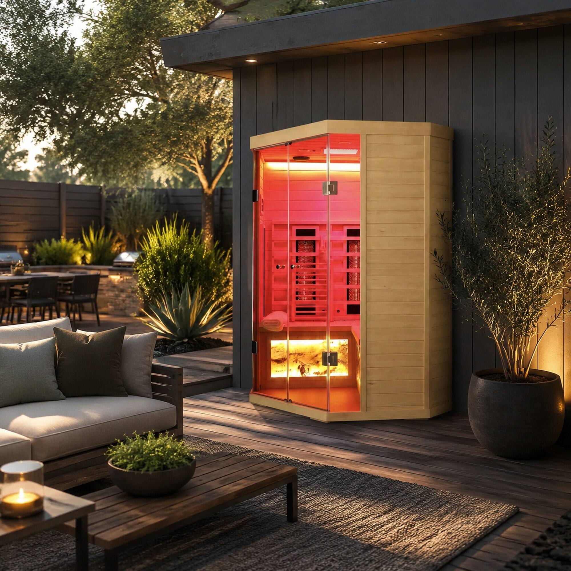 Left. RYHNUYNE - 5-Person Hemlock Far-Infrared Sauna, S Model, Canadian Eastern Hemlock, Low EMF Carbon Crystal Heaters, Home Relaxation - Natural.