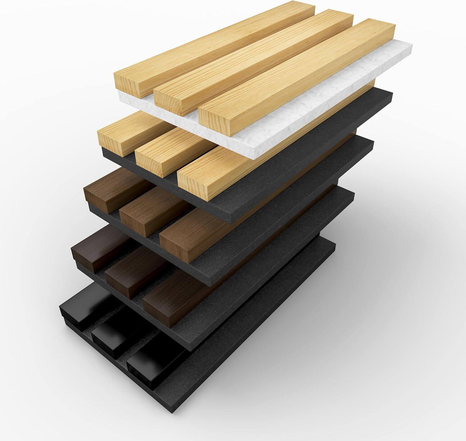 Angle. LOVMOR - Wood Slat Wall Panels, Acoustic Wood Wall Paneling - 5 Samples Pack - Roman Black B Stone.