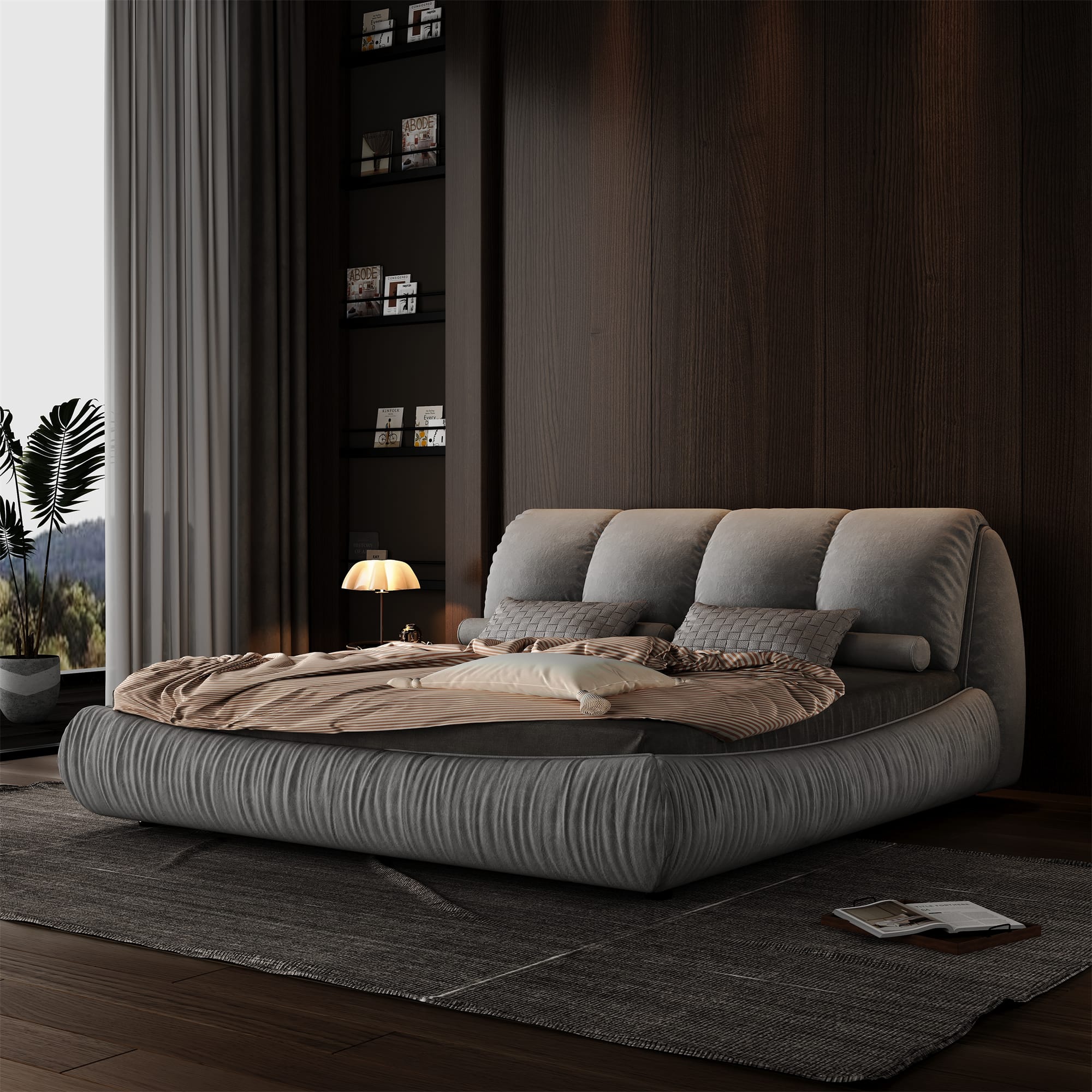 Anysun - King Upholstered Platform Bed with Oversized Padded Backrest & Solid Wood Frame - Gray