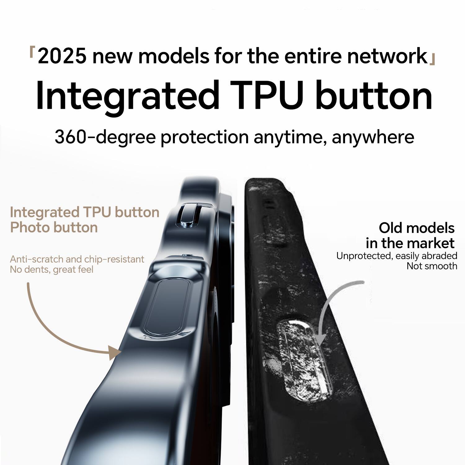 "2025 new models for the entire network"  
Integrated TPU button  
360-degree protection anytime, anywhere  

Integrated TPU button  
Photo button  
Anti-scratch and chip-resistant  
No dents, great feel  

Old models in the market  
Unprotected, easily abraded  
Not smooth
