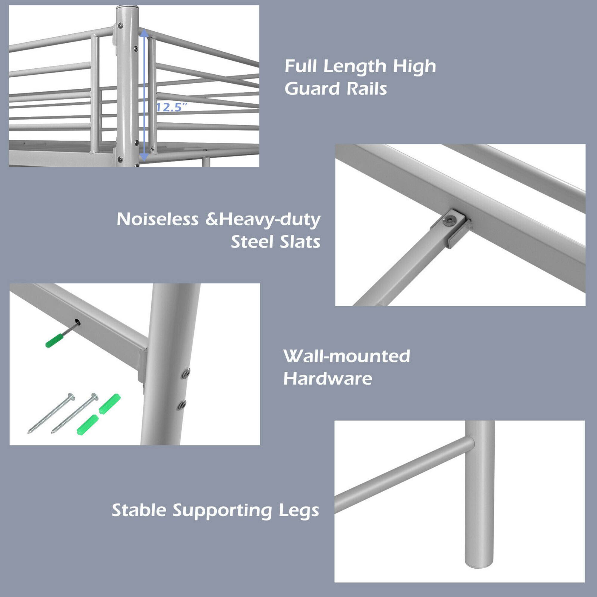 1. Full Length High Guard Rails
2. Noiseless & Heavy-duty Steel Slats
3. Wall-mounted Hardware
4. Stable Supporting Legs