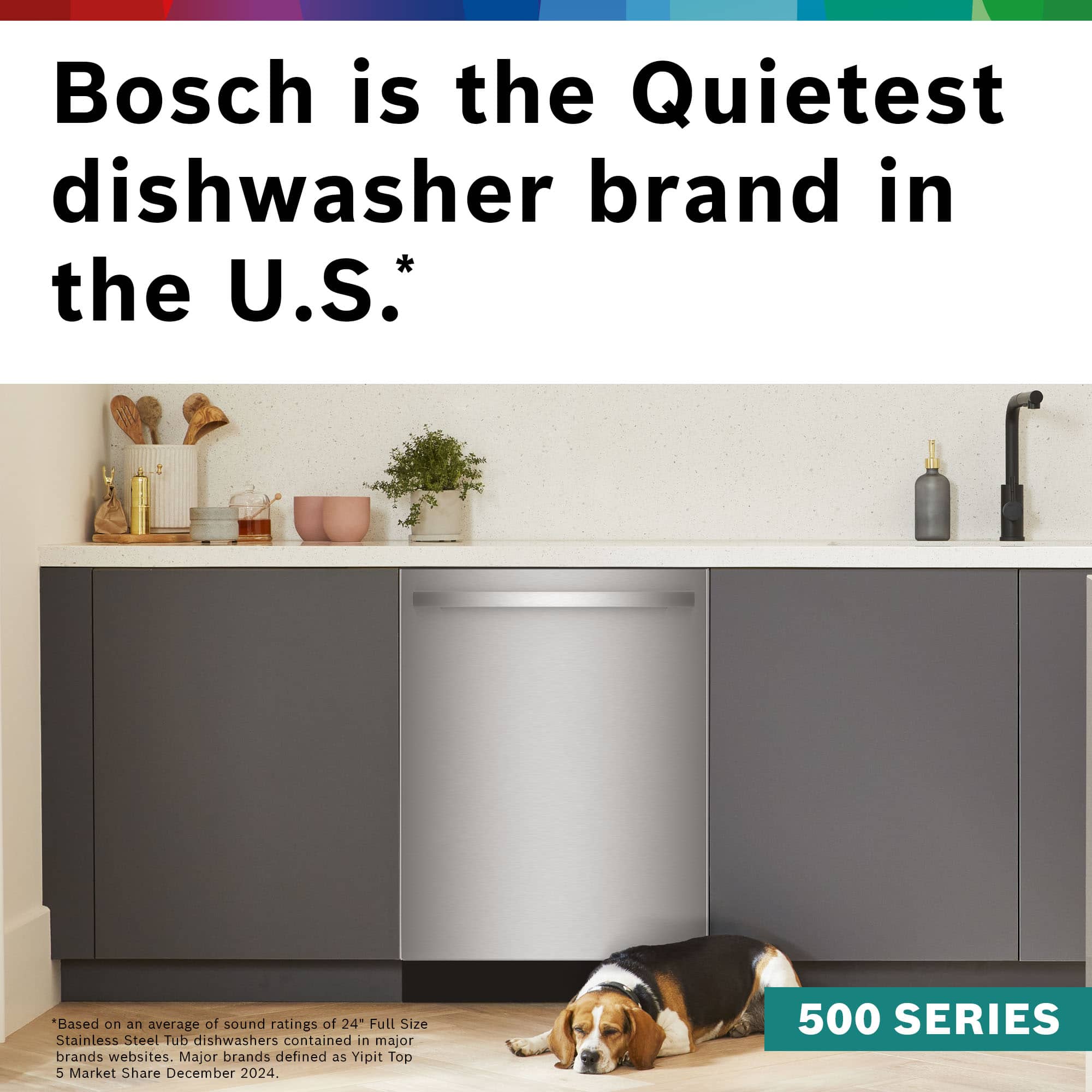 Bosch is the Quietest dishwasher brand in the U.S.*
*Based on an average of sound ratings of 24" Full Size Stainless Steel Tub dishwashers contained in major brands websites. Major brands defined as Yipit Top 5 Market Share December 2024.
500 SERIES