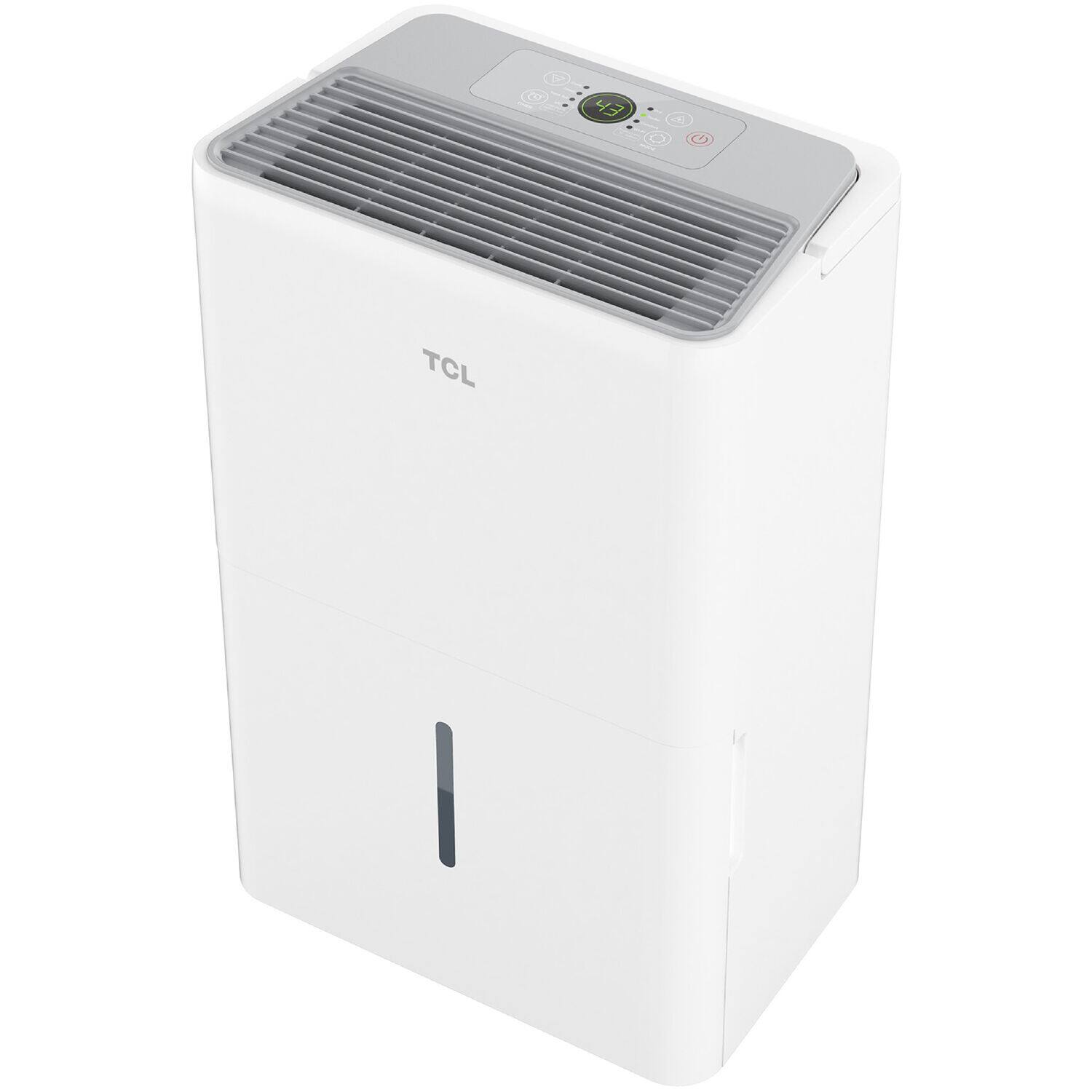 Left. TCL - 3,000 Sq. Ft. 32-Pint Smart Dehumidifier with Remote, 8 Pint Bucket Capacity, Energy Star Most Efficient 2024 - White.